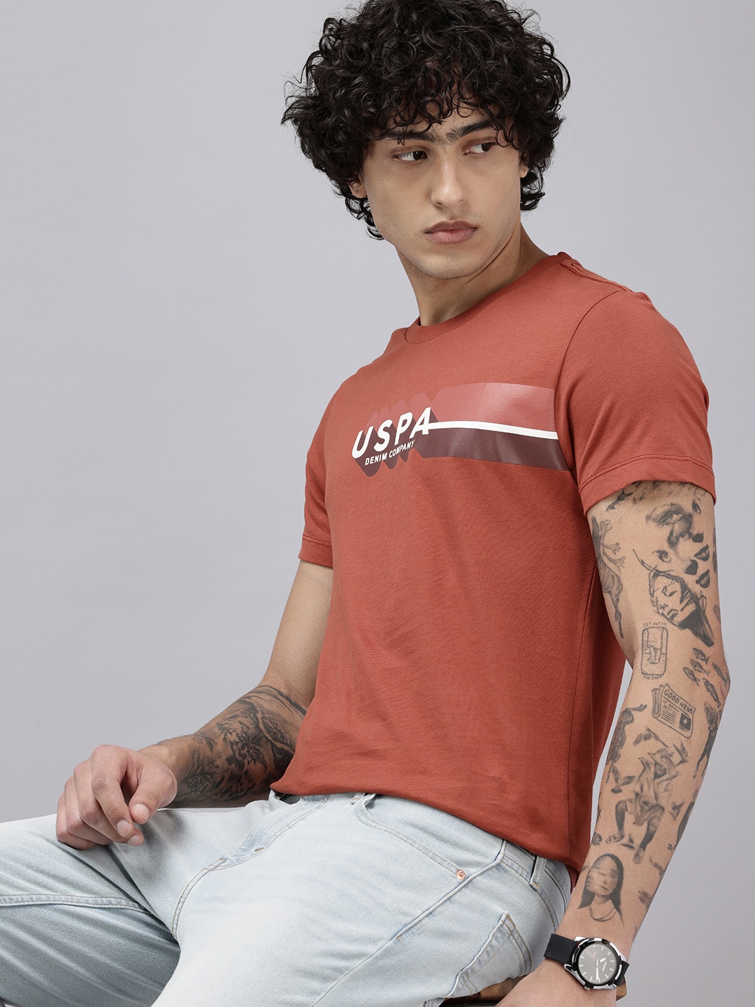 

U.S. Polo Assn. Denim Co. Pure Cotton Brand Logo Printed Slim Fit T-shirt, Rust