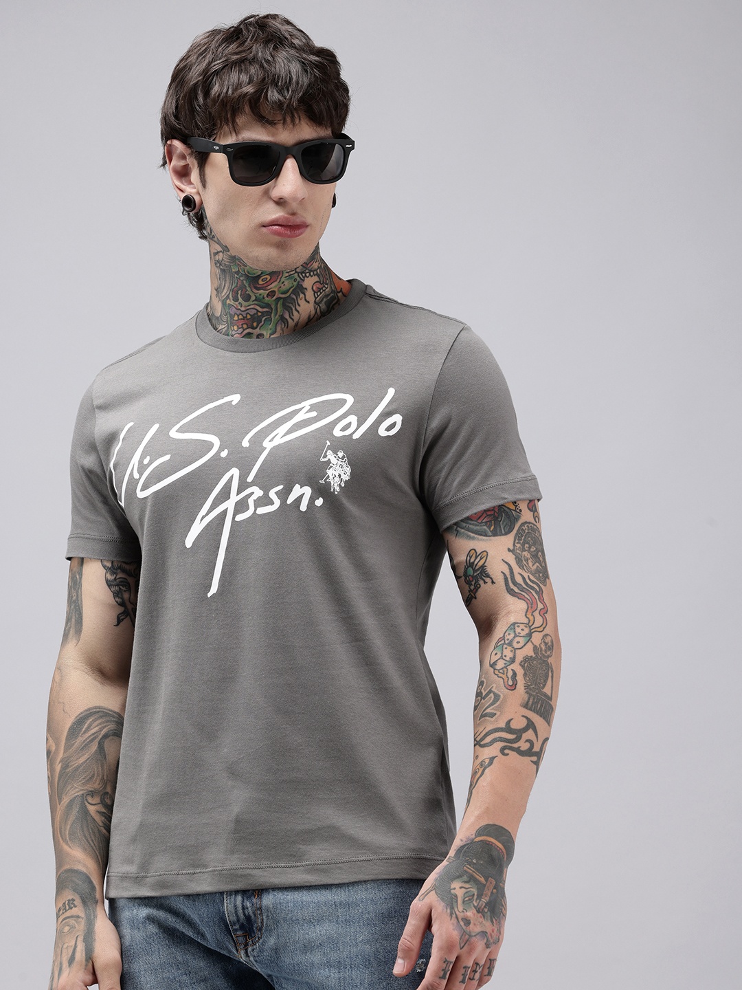 

U.S. Polo Assn. Denim Co. Brand Logo Printed Pure Cotton Slim Fit T-shirt, Grey