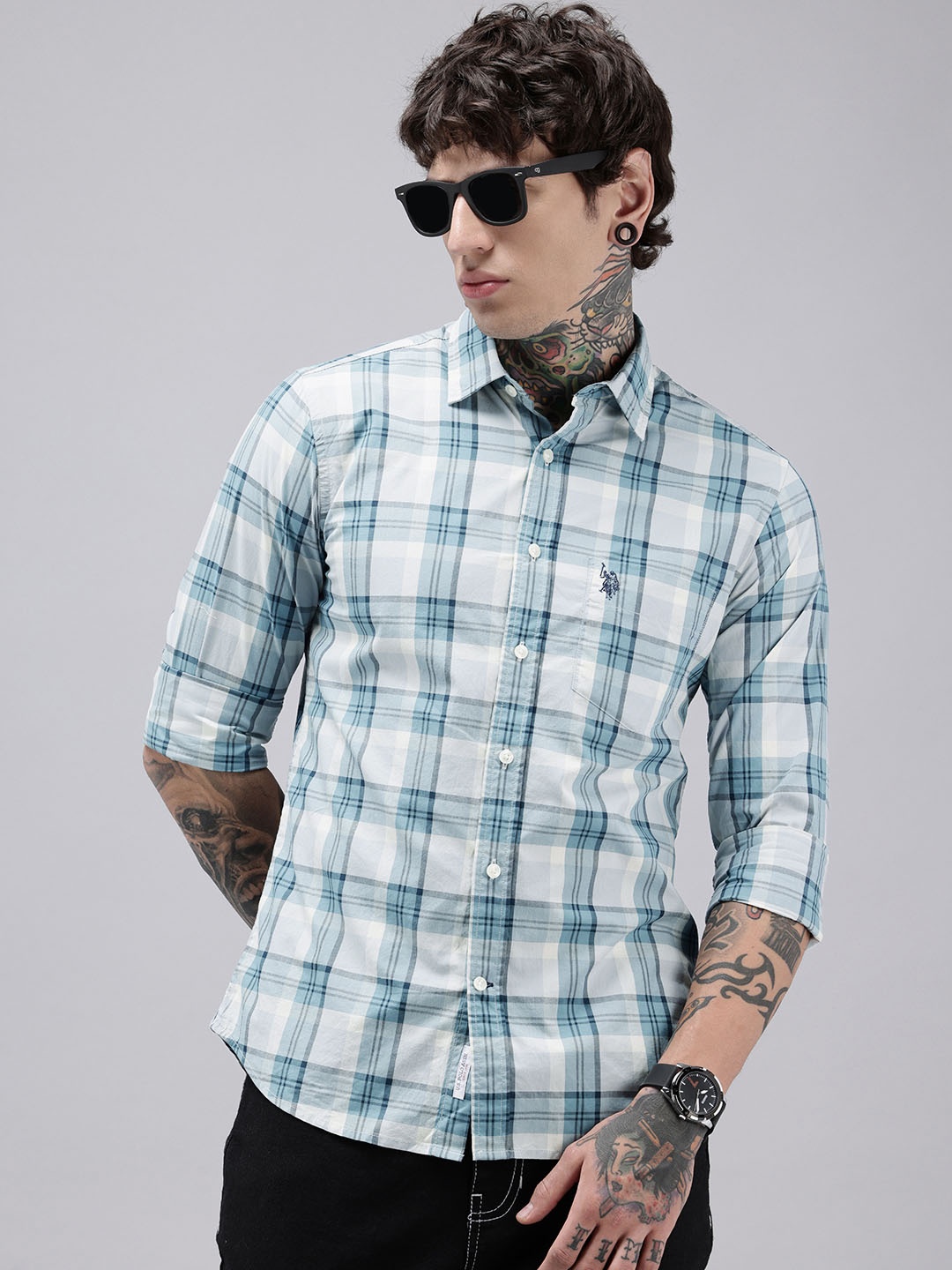 

U.S. Polo Assn. Pure Cotton Tailored Fit Tartan Checks Opaque Casual Shirt, Blue