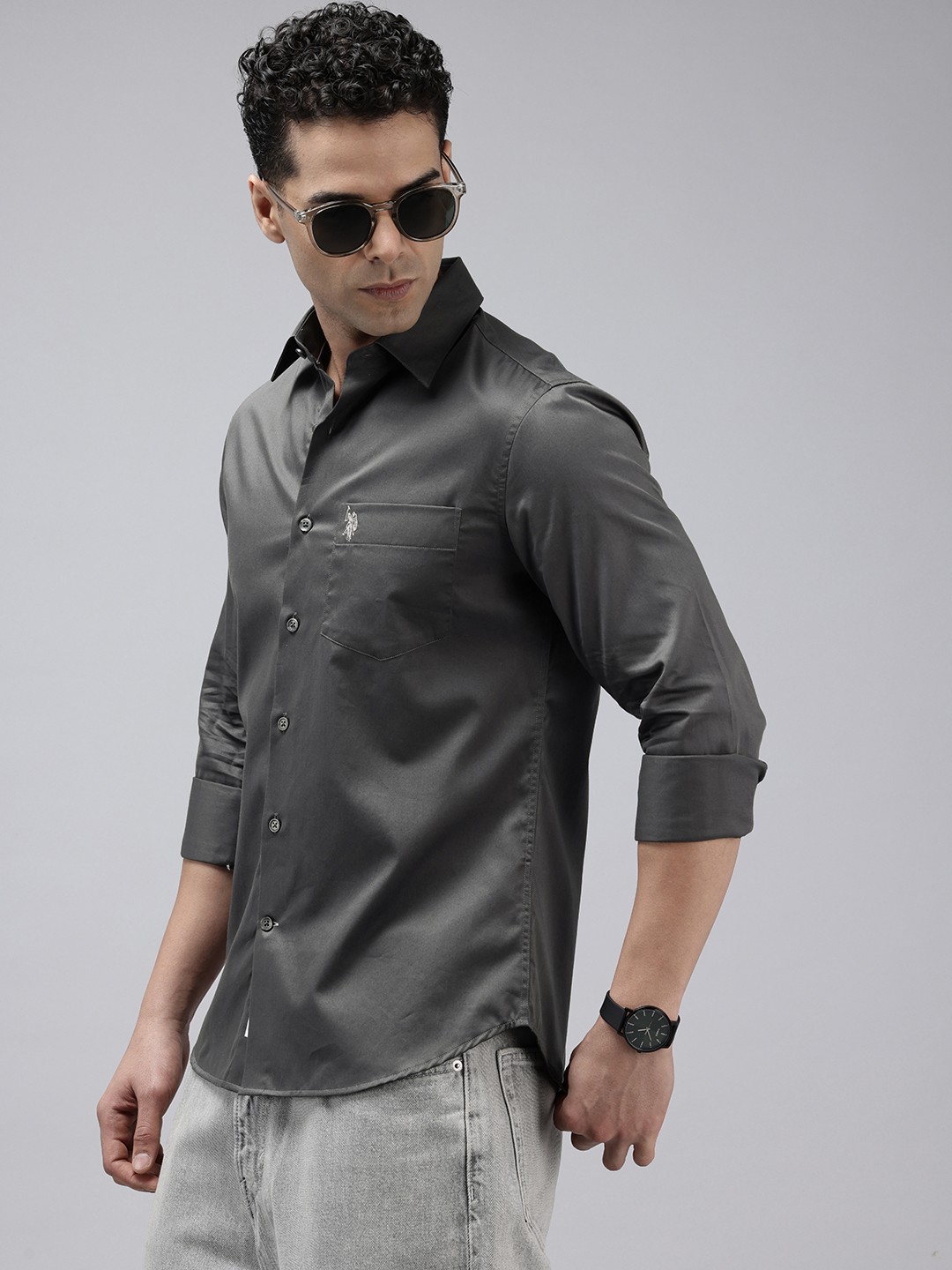 

U.S. Polo Assn. Pure Cotton Satin Finish Tailored Fit Opaque Casual Shirt, Grey