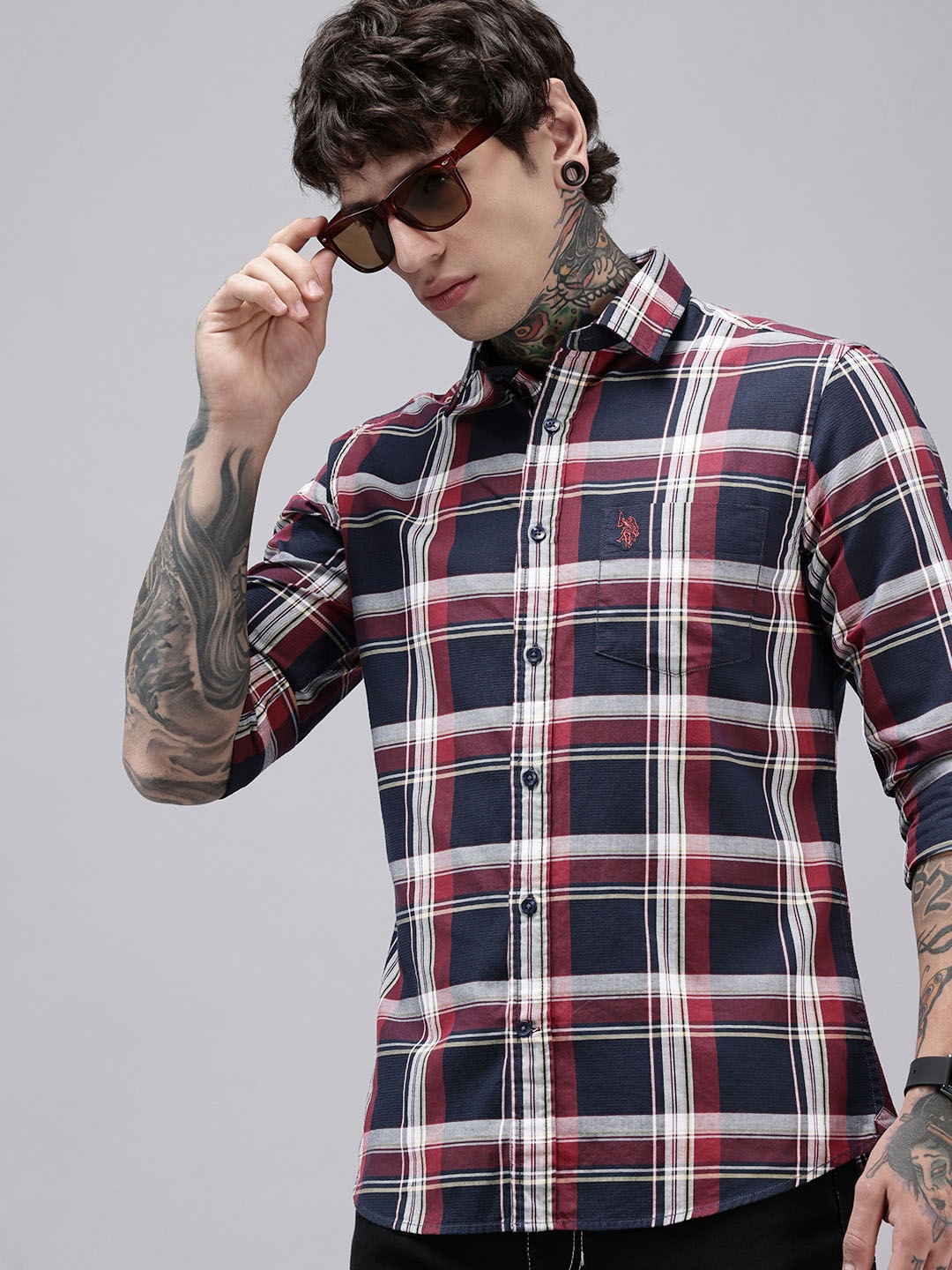 

U.S. Polo Assn. Pure Cotton Tailored Fit Tartan Checks Opaque Casual Shirt, Navy blue