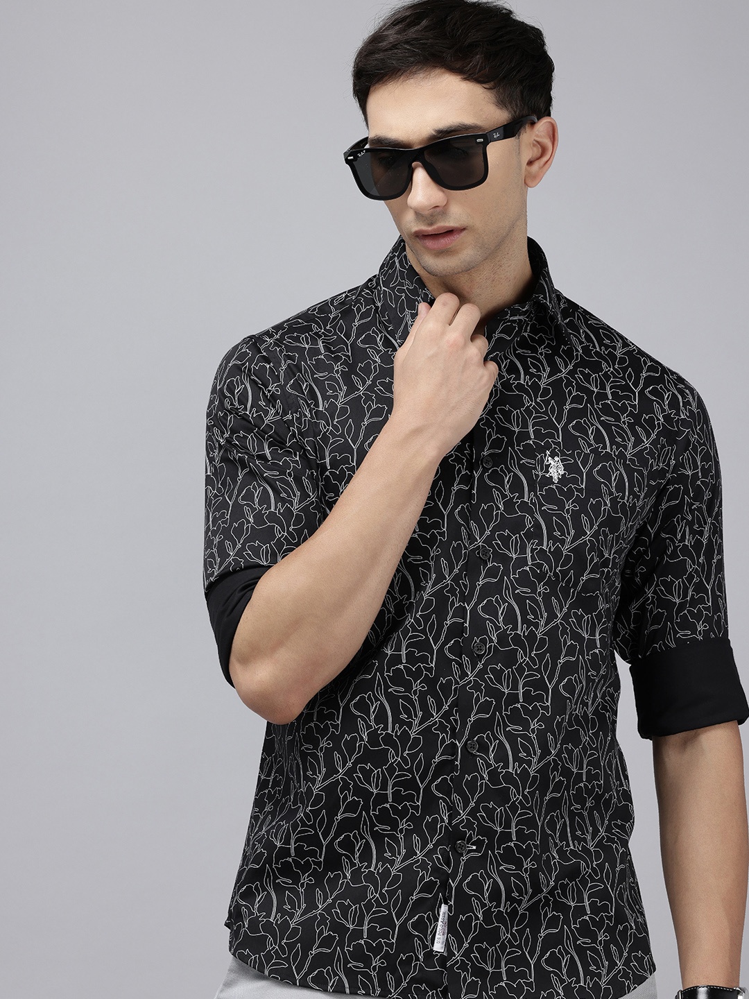 

U.S. Polo Assn. Pure Cotton Tailored Fit Floral Printed Casual Shirt, Black