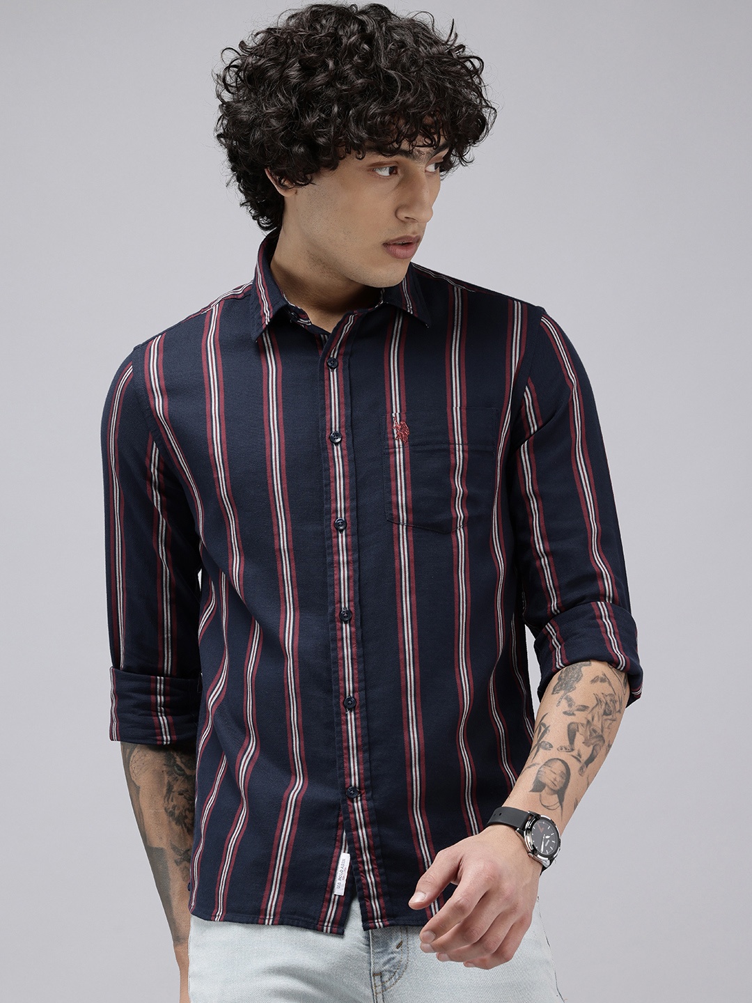 

U.S. Polo Assn. Pure Cotton Tailored Fit Striped Casual Shirt, Navy blue