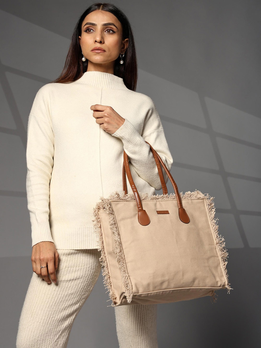 

ENSAC Women Solid Shopper Tote Bag With Fringed, Beige