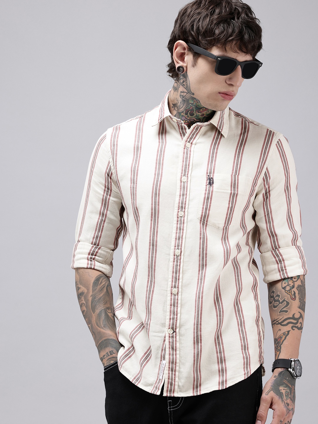 

U.S. Polo Assn. Pure Cotton Tailored Fit Striped Opaque Casual Shirt, Off white