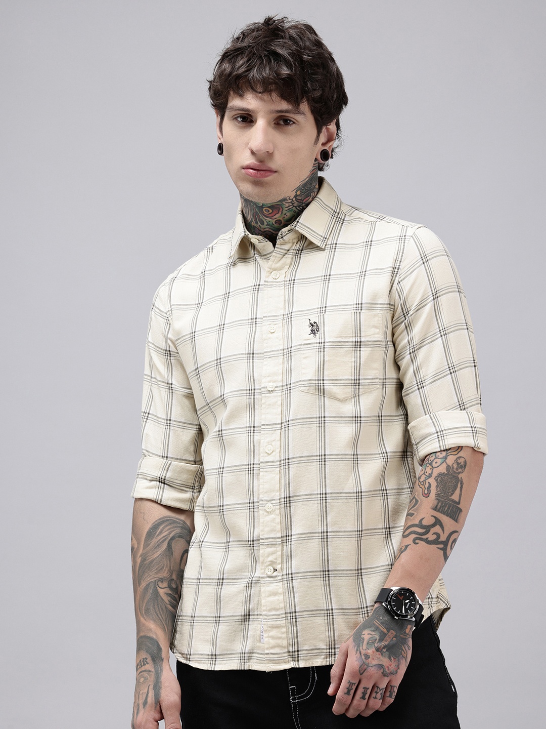 

U.S. Polo Assn. Pure Cotton Tailored Fit Tartan Checks Opaque Casual Shirt, Cream
