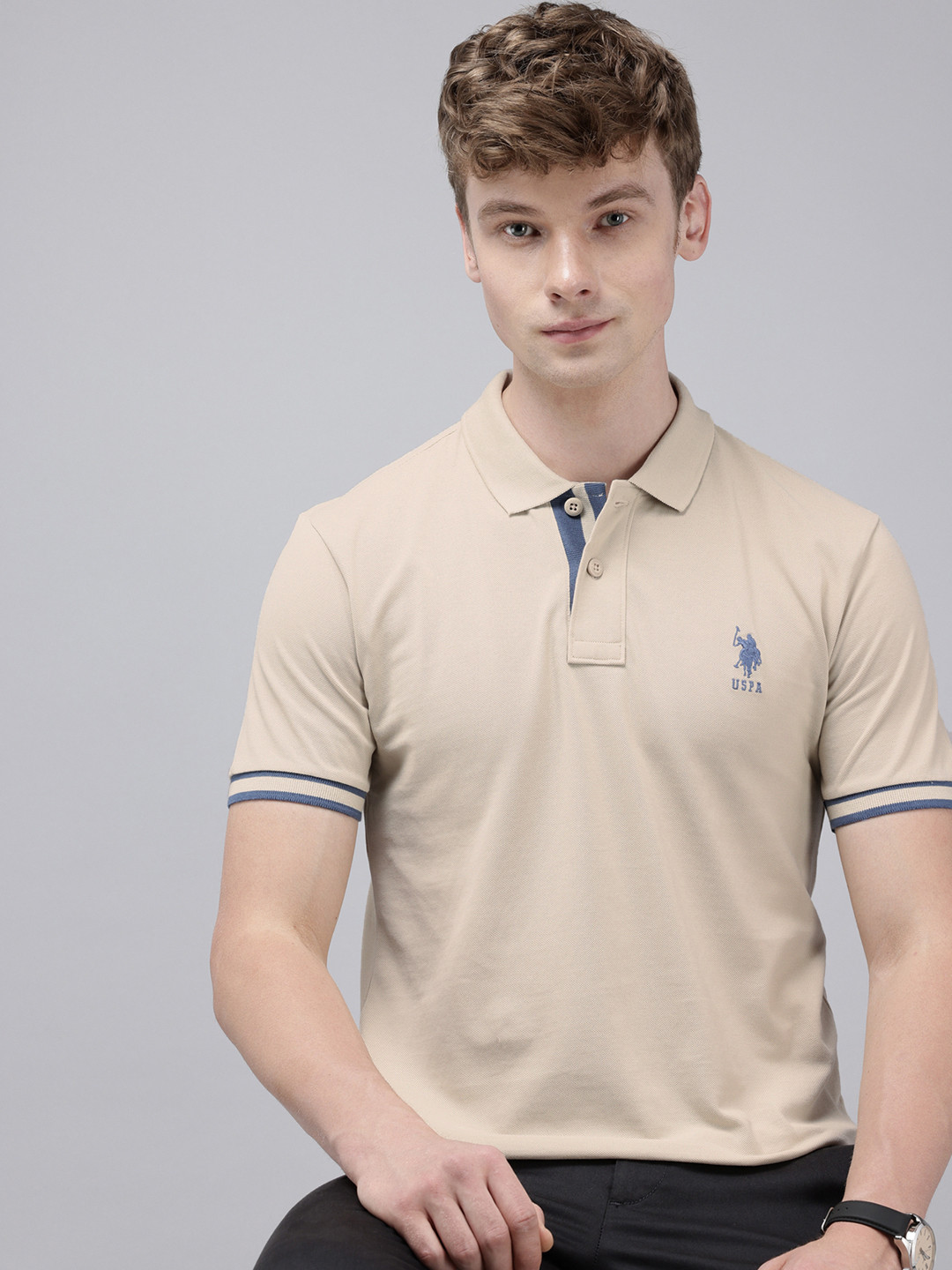 

U.S. Polo Assn. Polo Collar Slim Fit Pure Cotton T-shirt, Beige