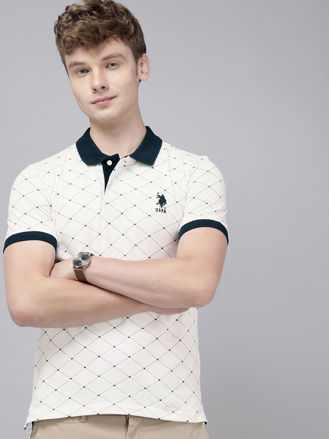 

U.S. Polo Assn. Geometric Printed Polo Collar Pure Cotton Slim Fit T-shirt, White