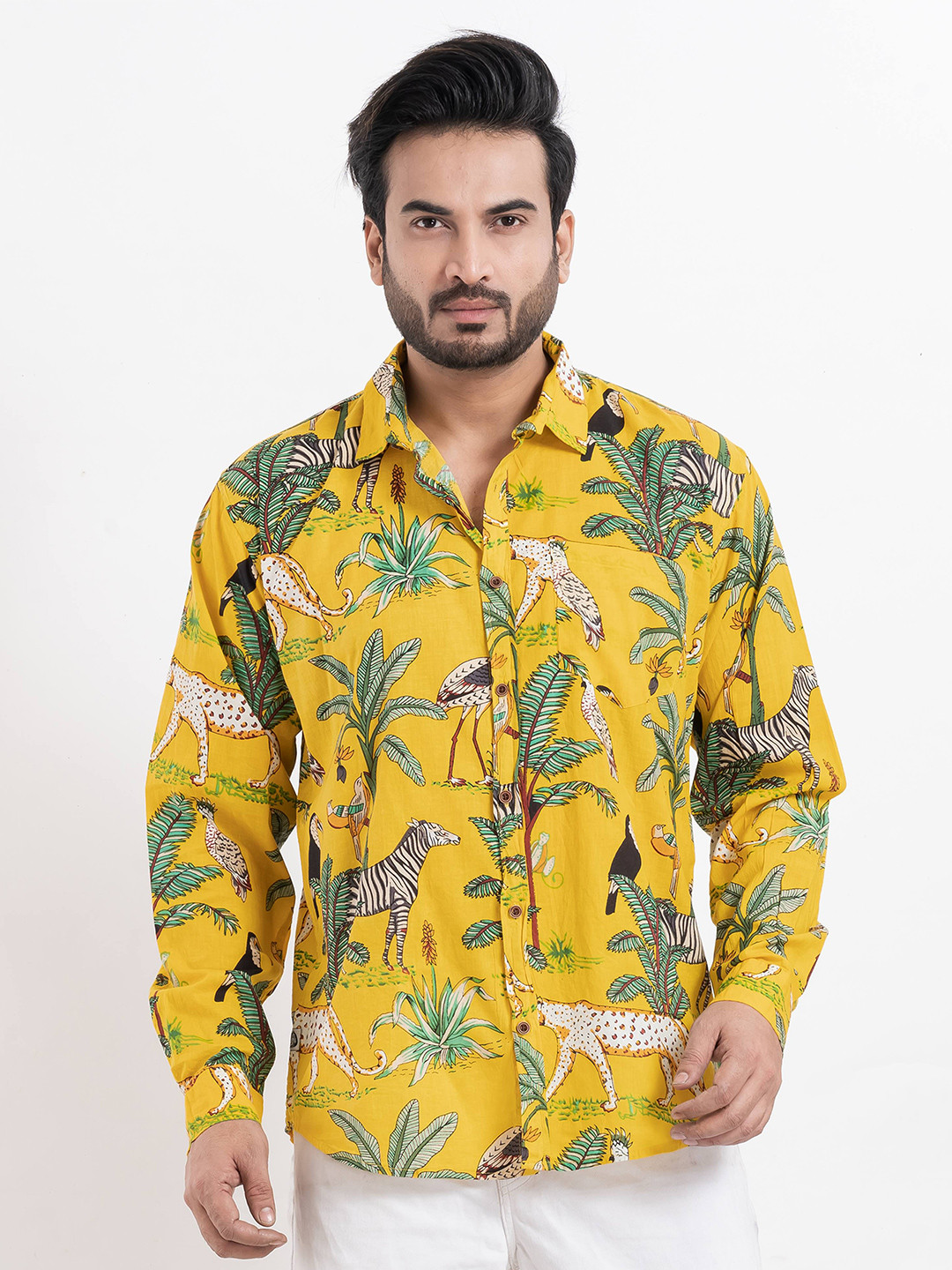

Kartikeya Jaipur Men Classic Slim Fit Animal Opaque Printed Casual Shirt, Yellow