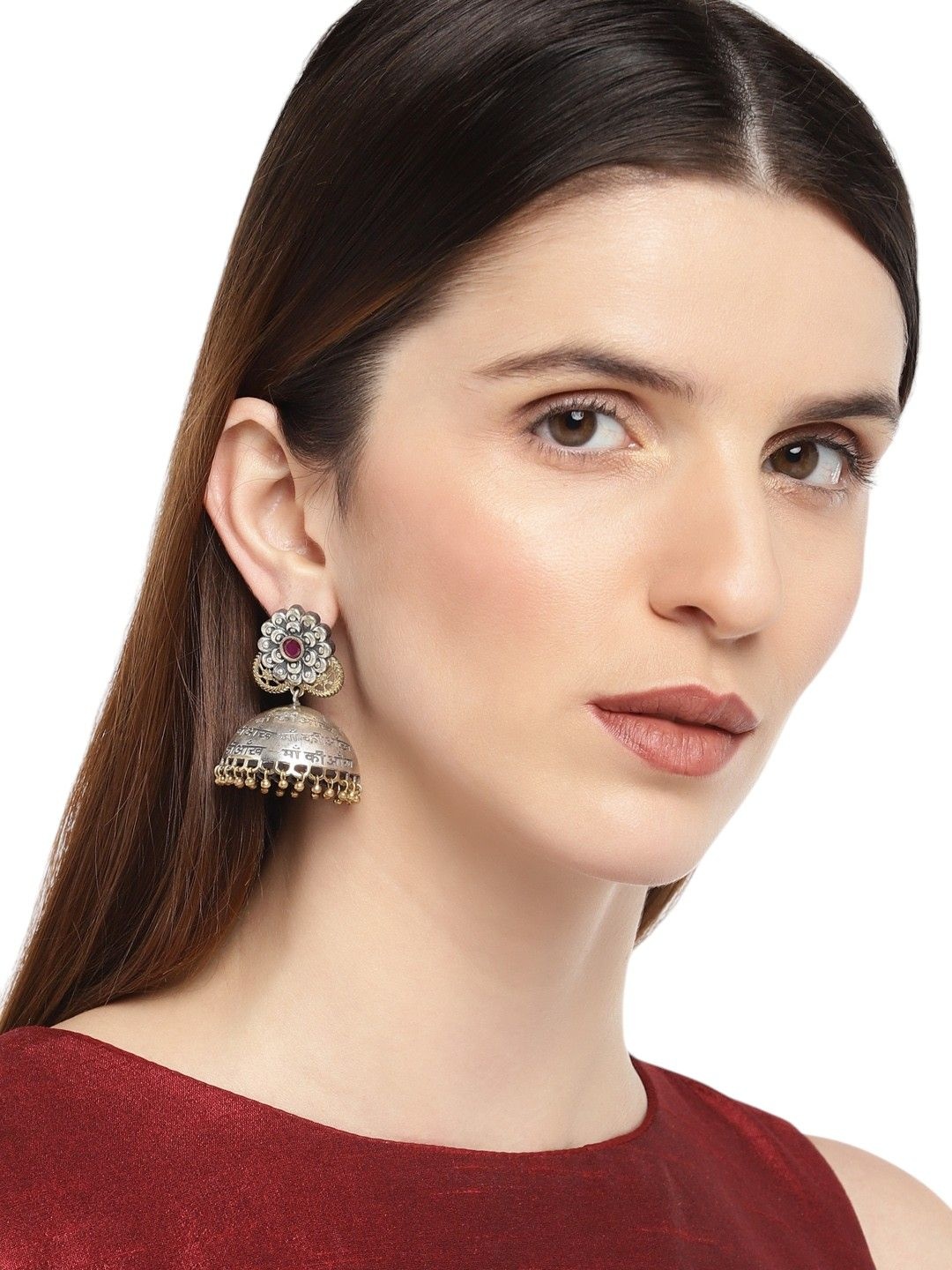 

Sangria Silver-Plated Artificial Stones Studded And Beaded Dome Shaped Oxidised Jhumkas