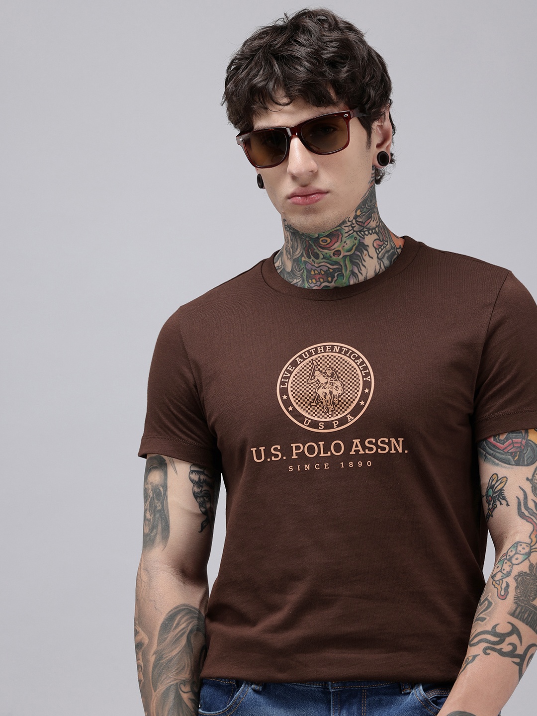 

U.S. Polo Assn. Brand Logo Printed Pure Cotton Slim Fit T-shirt, Brown