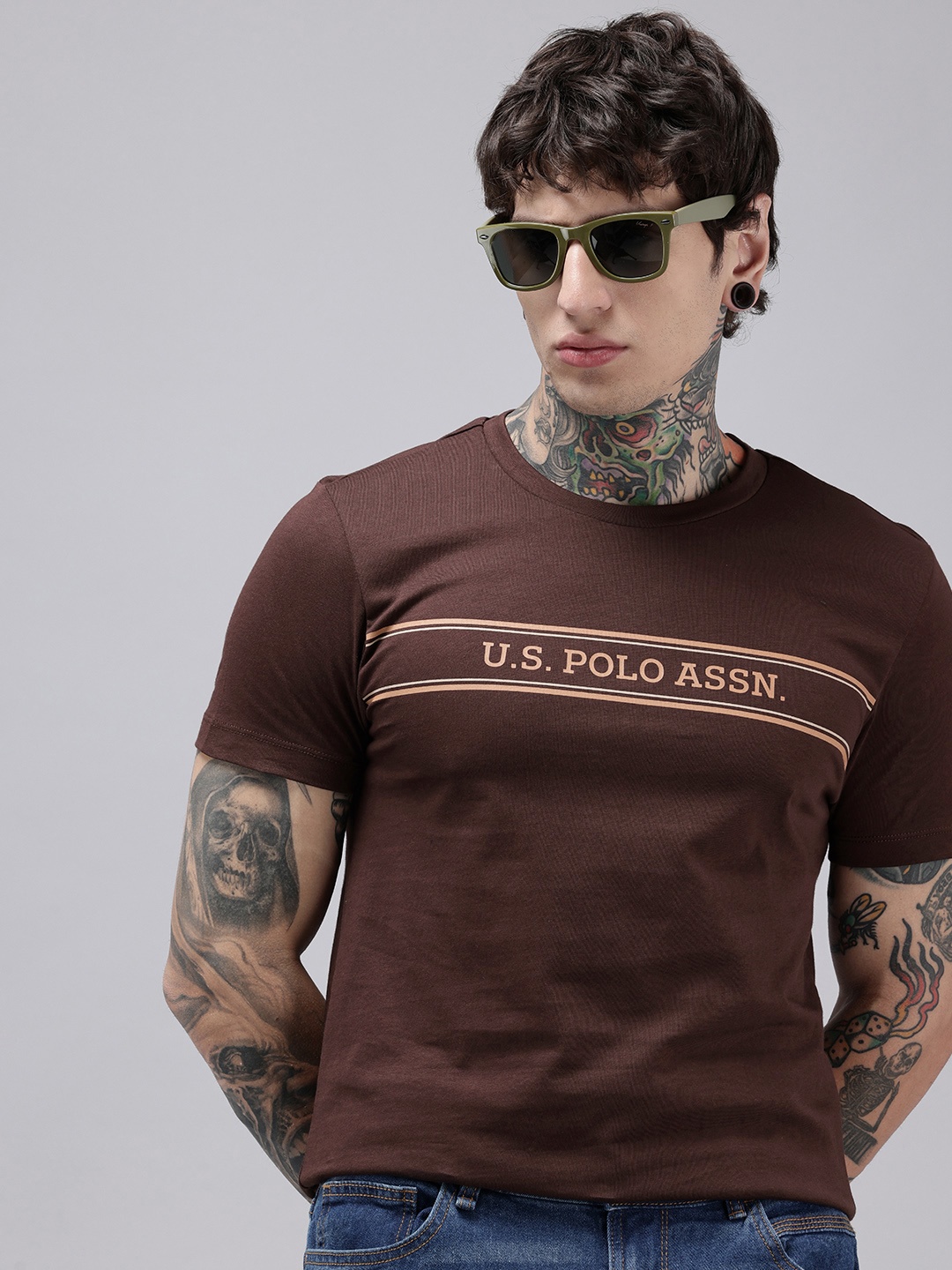 

U.S. Polo Assn. Brand Logo Printed Pure Cotton Slim Fit T-shirt, Brown