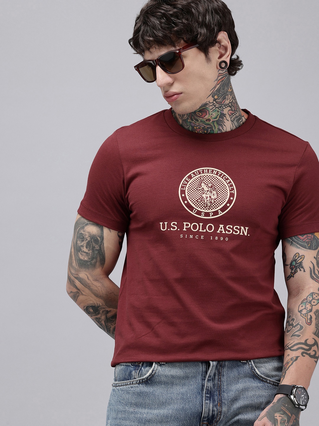 

U.S. Polo Assn. Brand Logo Printed Pure Cotton Slim Fit T-shirt, Burgundy