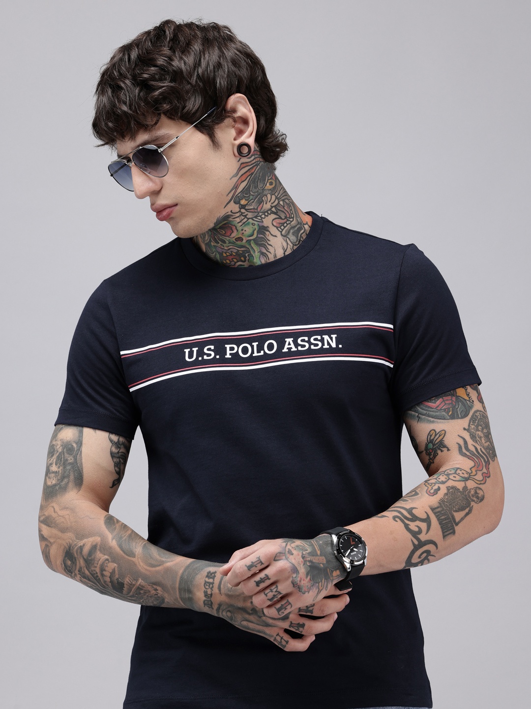 

U.S. Polo Assn. Brand Logo Printed Pure Cotton Slim Fit T-shirt, Navy blue