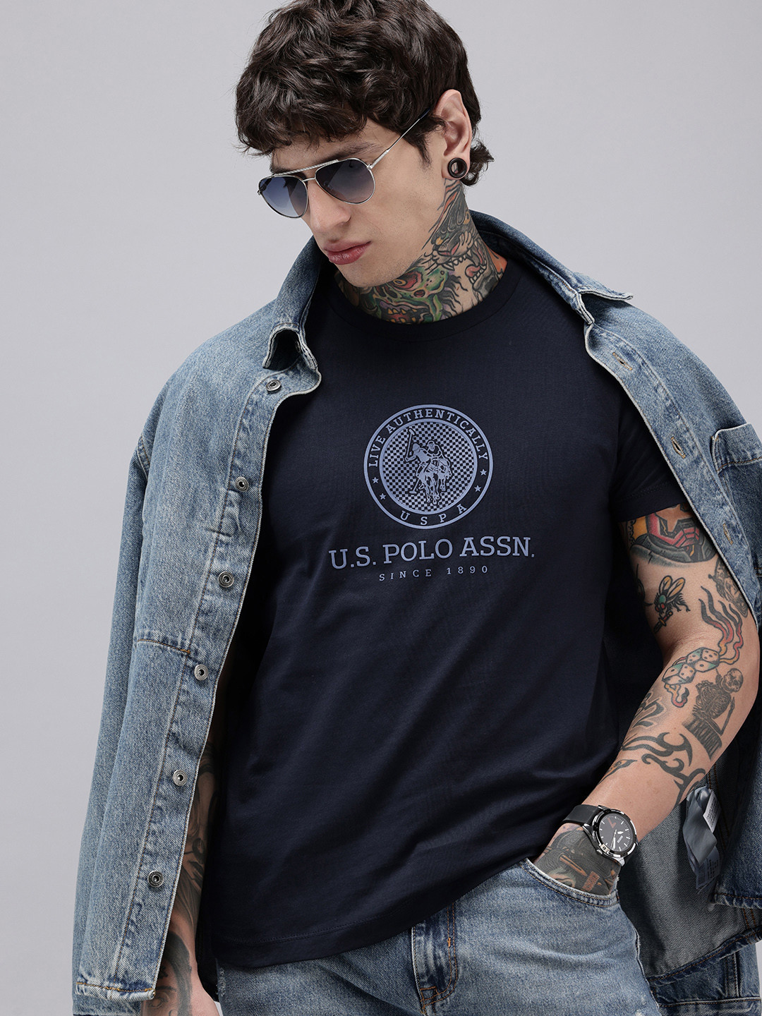 

U.S. Polo Assn. Brand Logo Printed Pure Cotton Slim Fit T-shirt, Navy blue