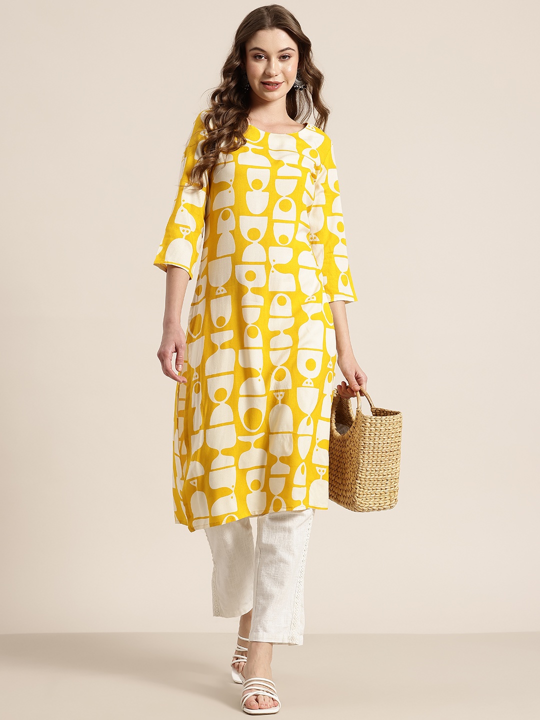 

HERE&NOW Geometric Printed Kurta, Yellow