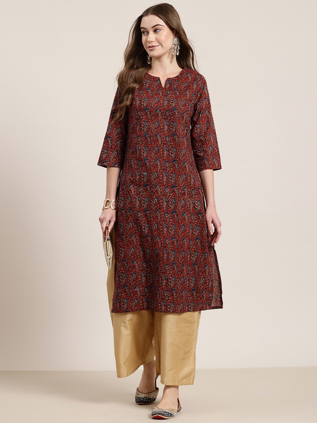 

HERE&NOW Indie Floral Printed Pure Cotton Kurta, Brown