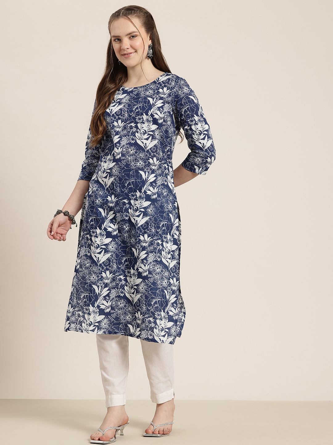 

HERE&NOW Floral Print Pure Cotton Kurta, Navy blue