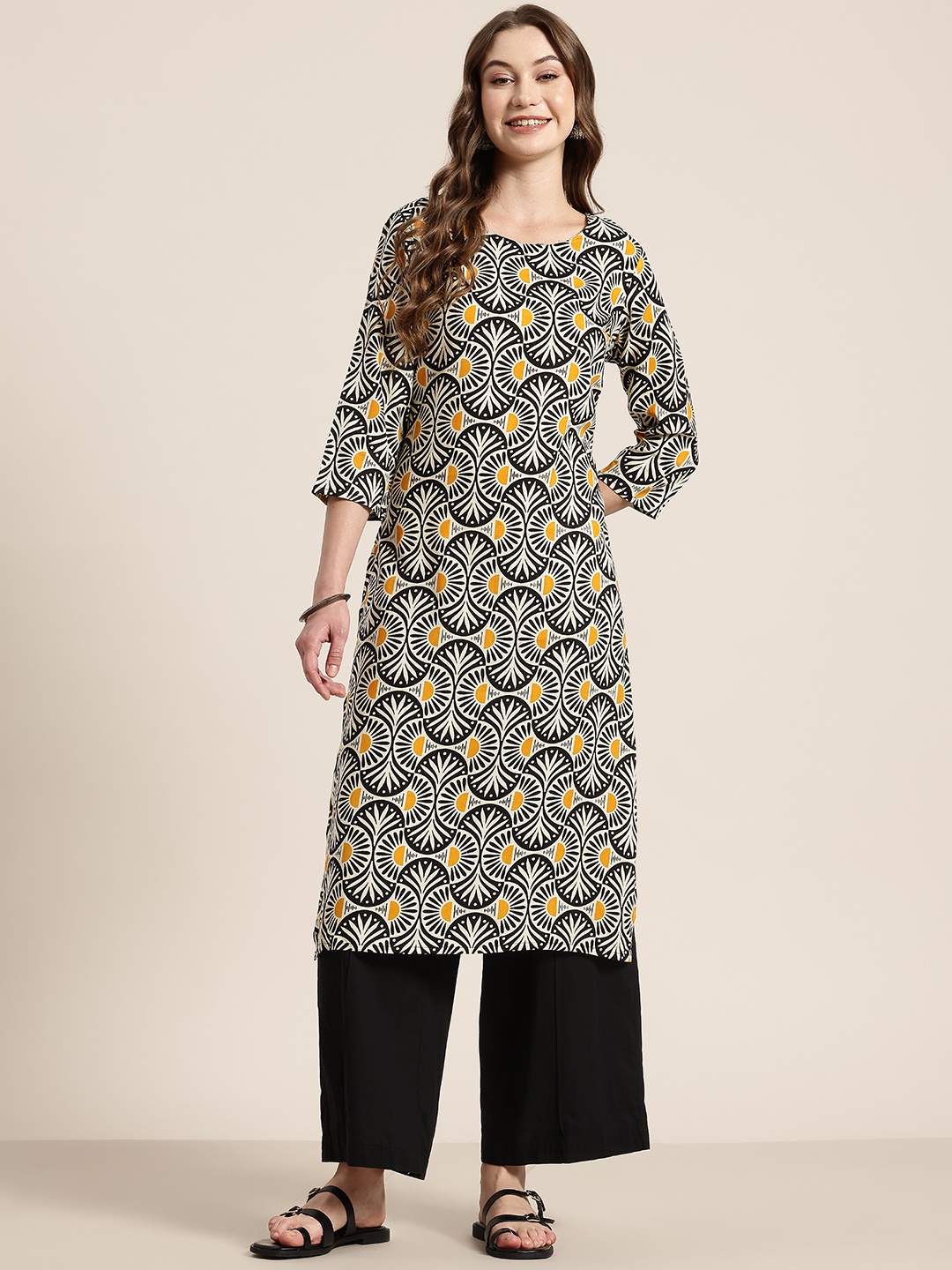

HERE&NOW Ethnic Motifs Printed Kurta, Black