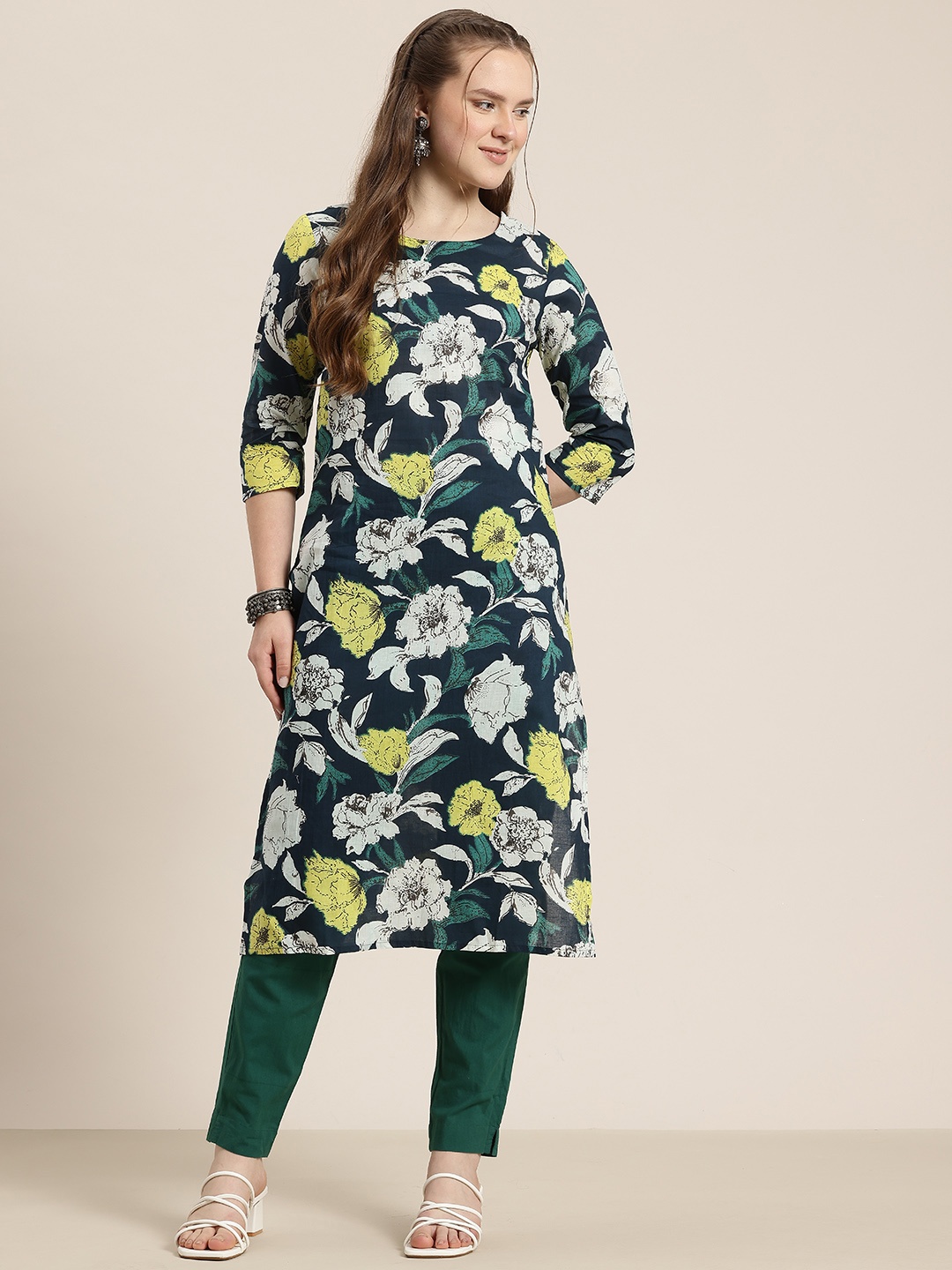 

HERE&NOW Floral Print Pure Cotton Kurta, Teal