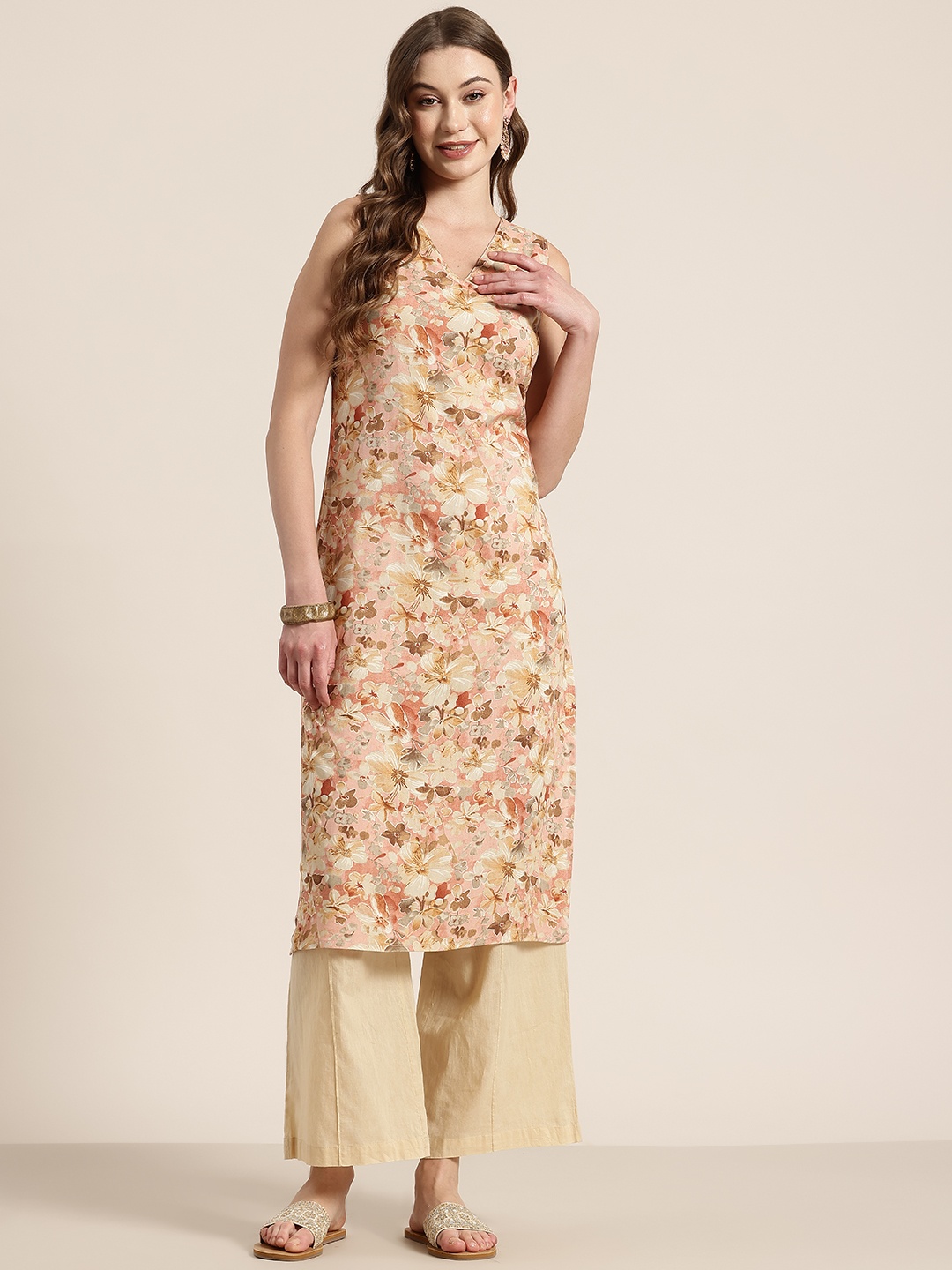 

HERE&NOW Floral Printed Floral Kurta, Rose