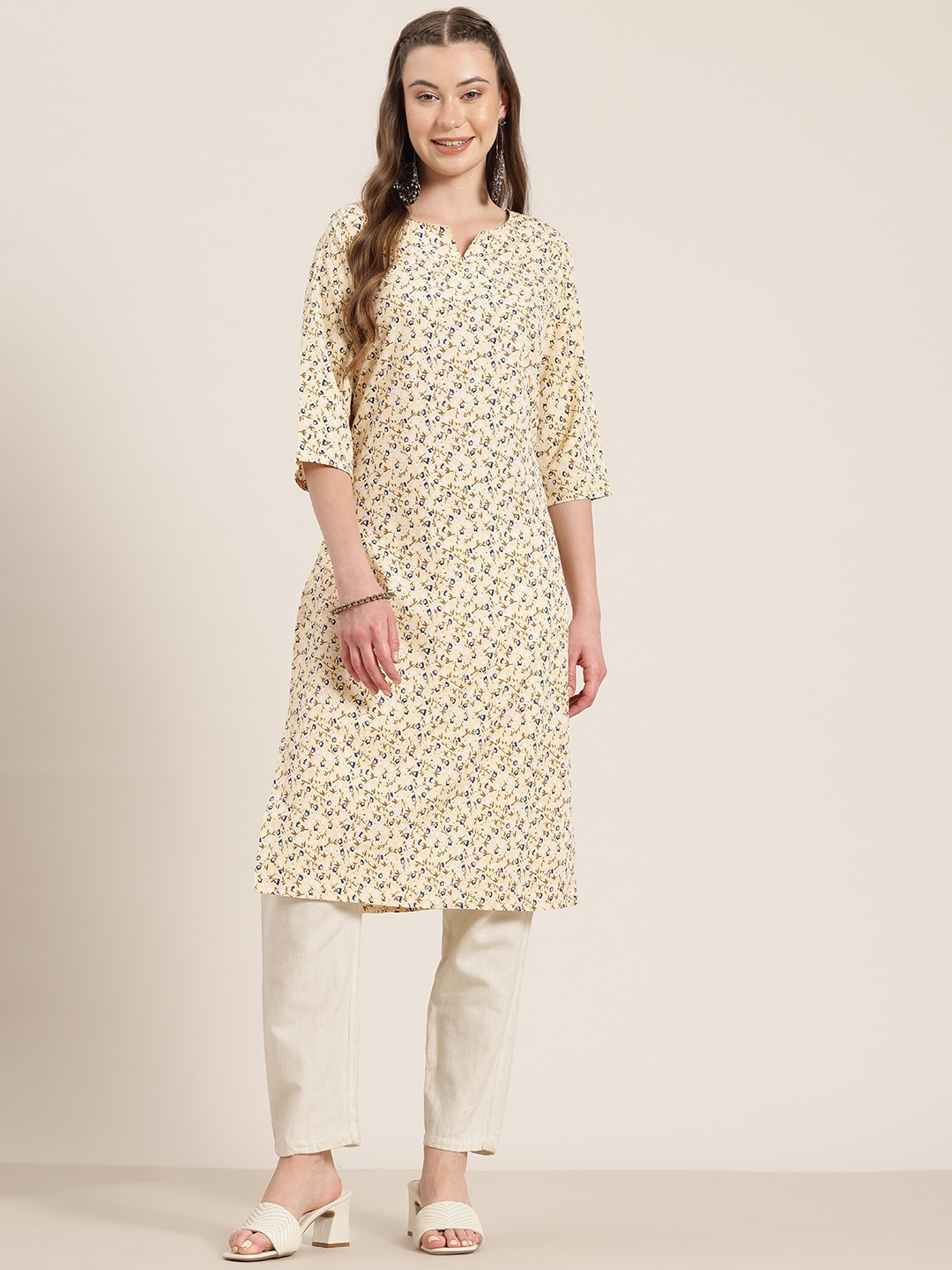 

HERE&NOW Women Floral Printed Kurta, Cream