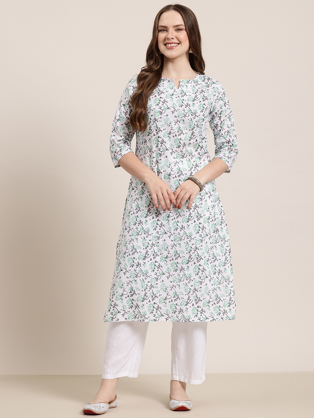 

HERE&NOW Floral Printed Pure Cotton Kurta, White