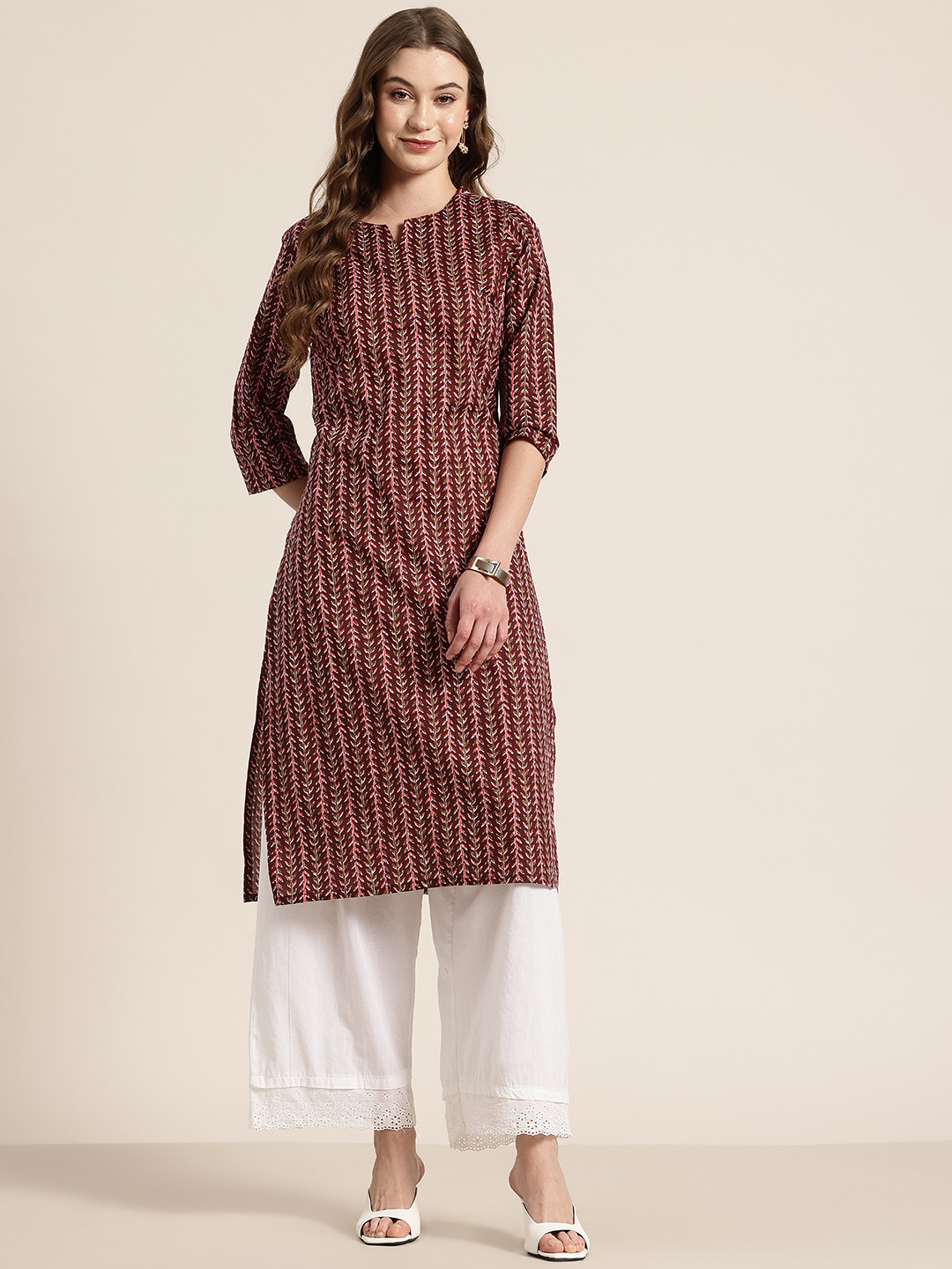 

HERE&NOW Printed Round Notch Neck Cotton Straight Kurta, Brown