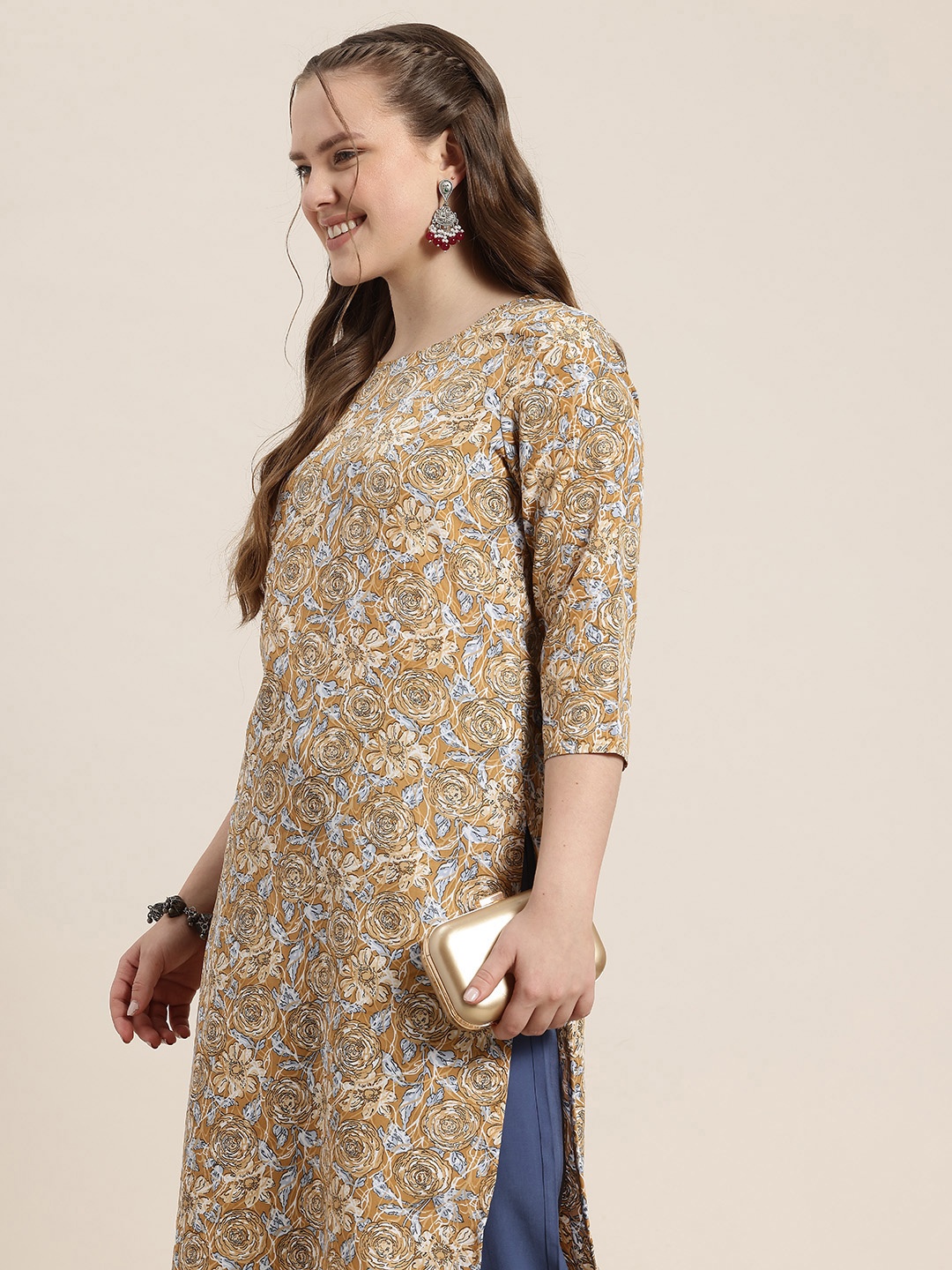 

HERE&NOW Floral Print Calf-Length Straight Kurta, Brown