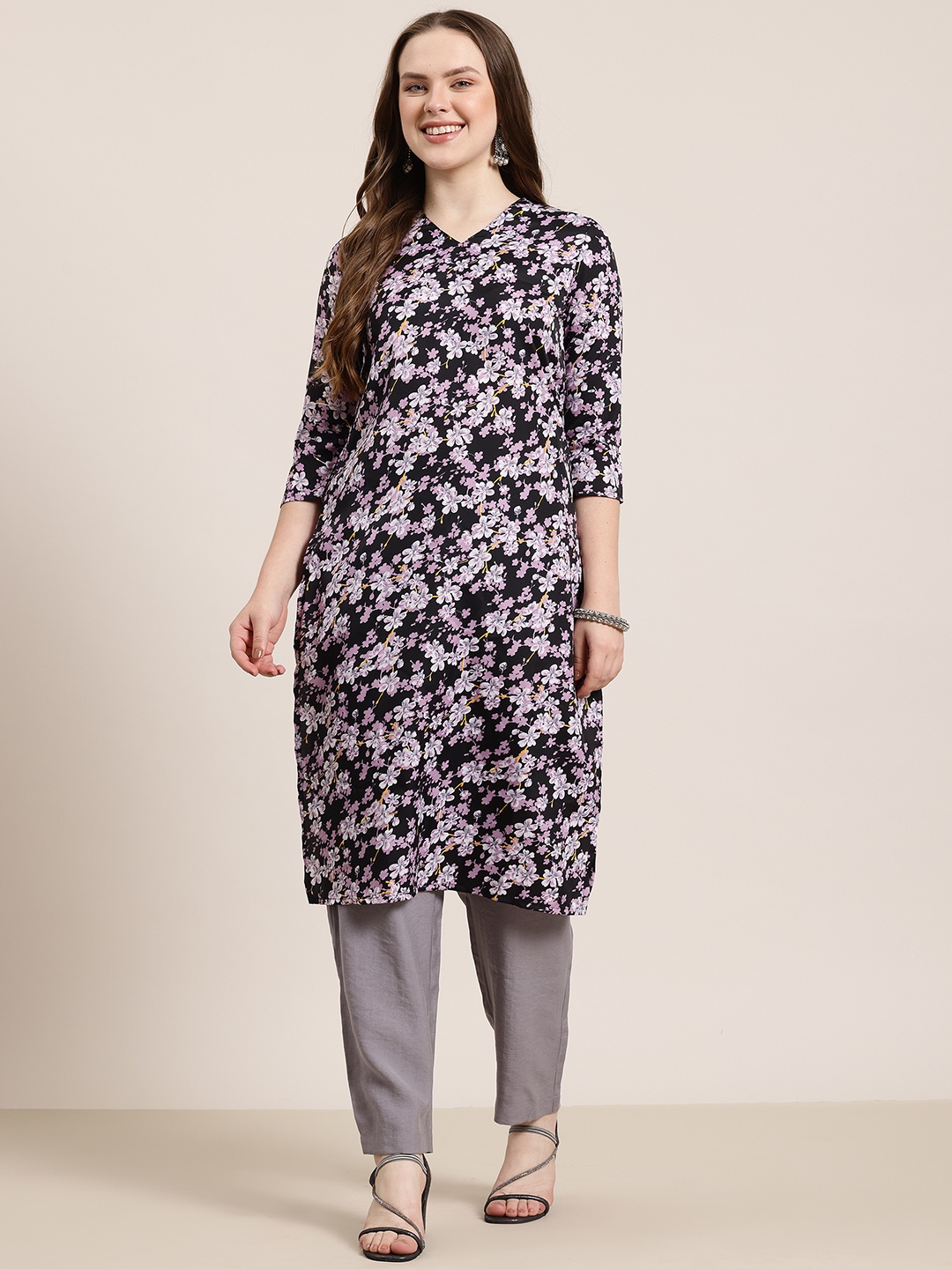 

HERE&NOW Floral Printed Kurta, Black