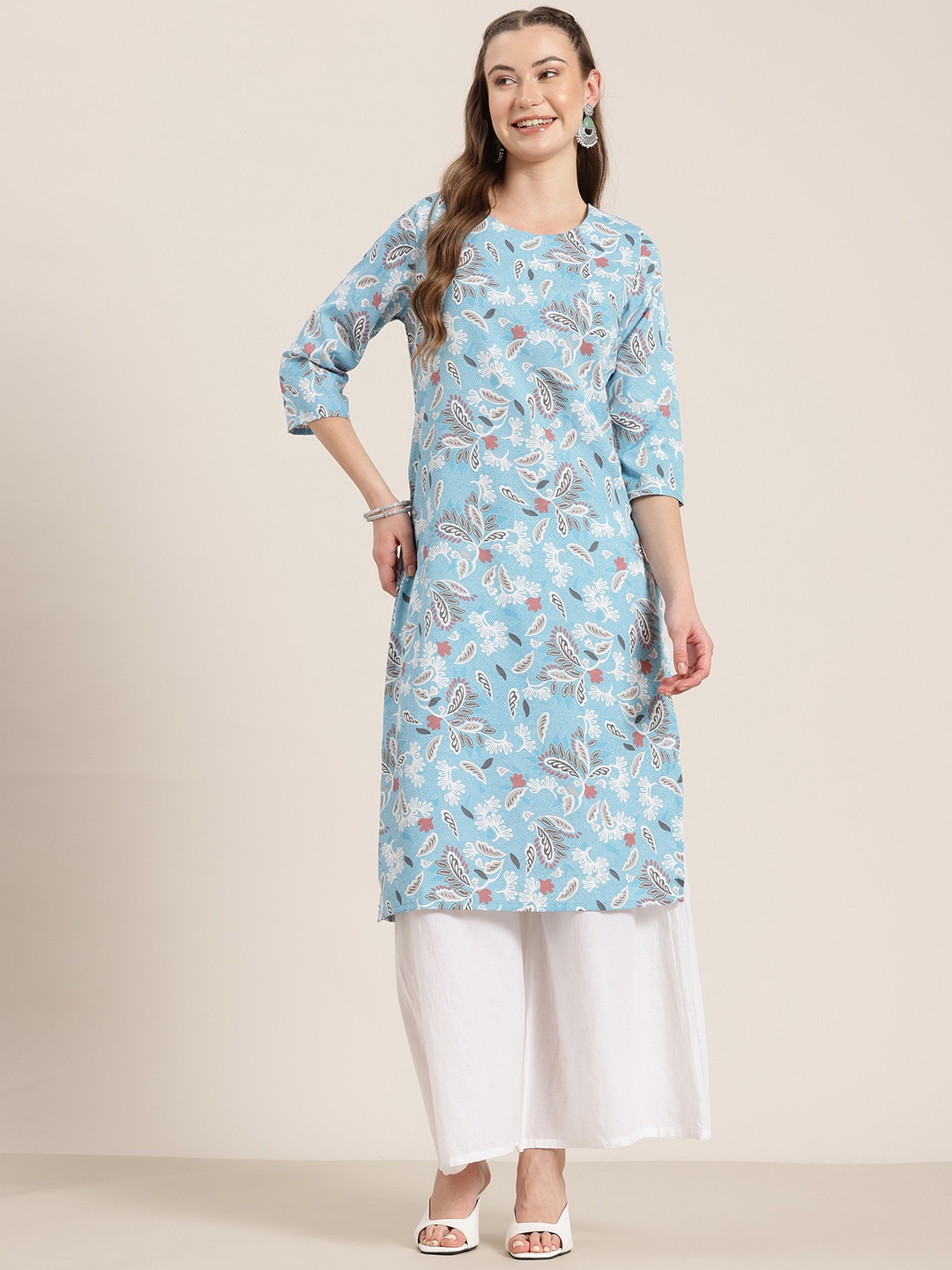 

HERE&NOW Floral Printed Floral Kurta, Turquoise blue