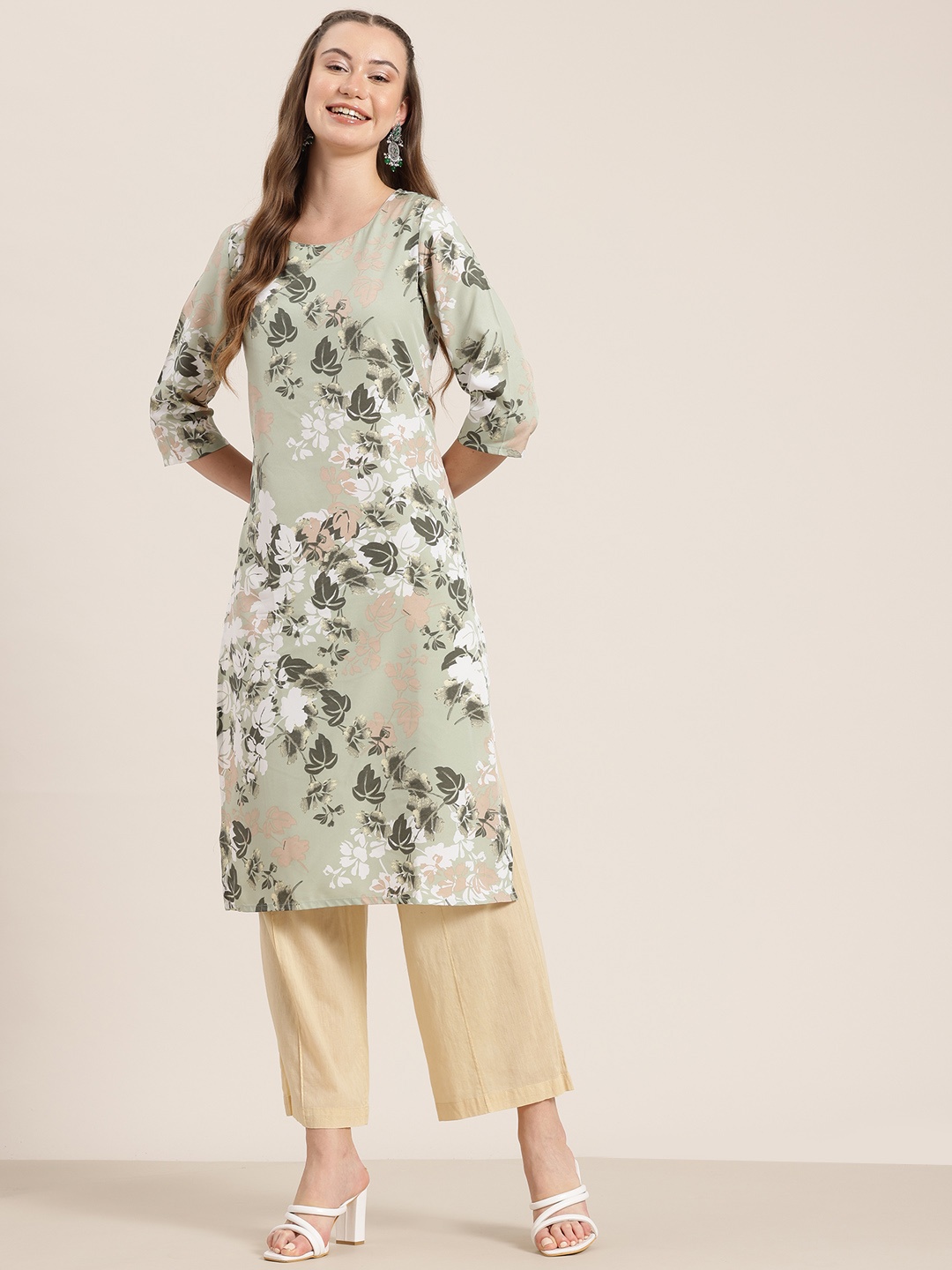 

HERE&NOW Floral Printed Straight Kurta, Green