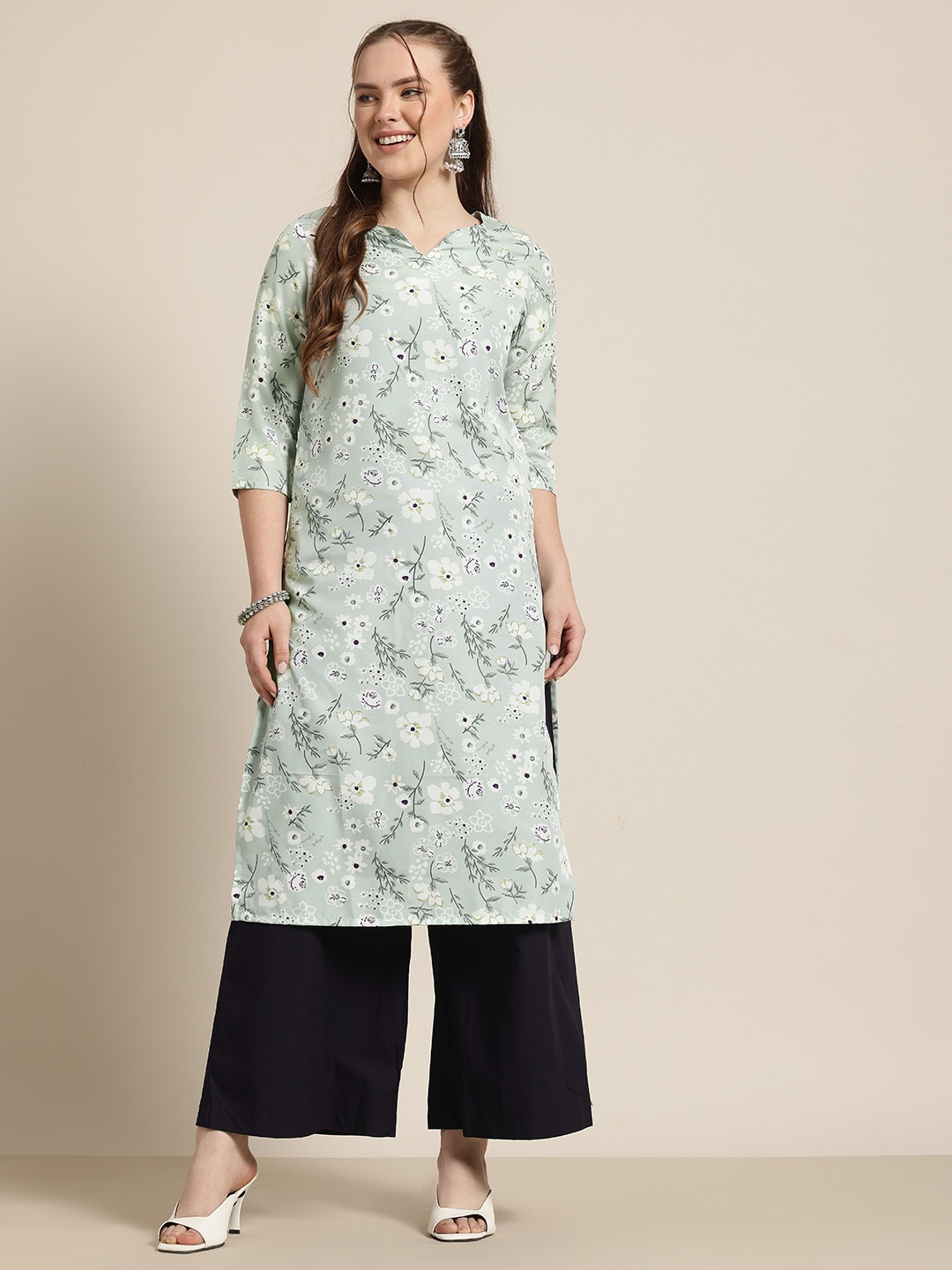 

HERE&NOW Floral Printed A-Line Kurta, Green