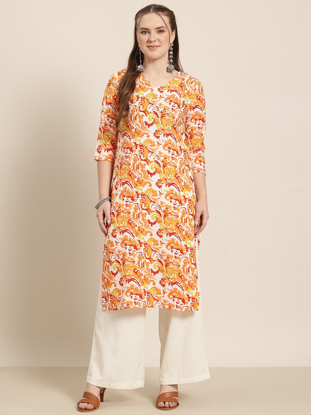 

HERE&NOW Tropical Printed A-Line Kurta, White
