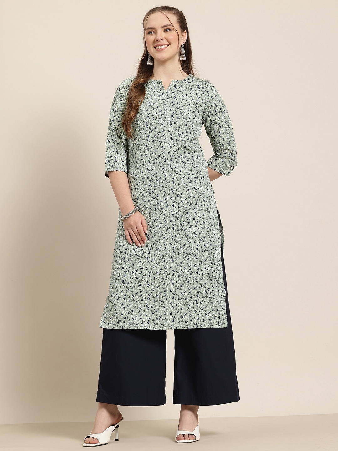 

HERE&NOW Floral Printed A-Line Kurta, Grey