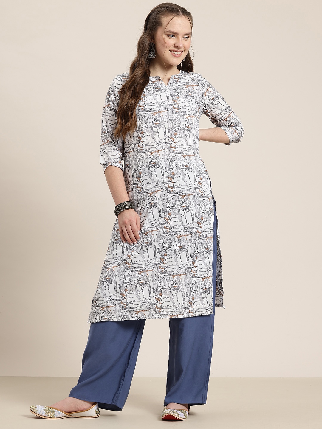 

HERE&NOW Abstract Print Notched Round Neck Calf-Length Straight Kurta, White