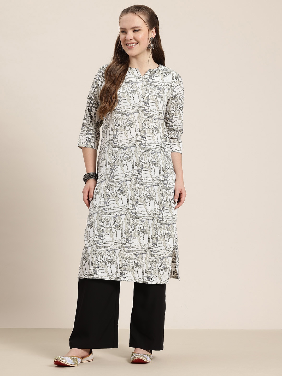 

HERE&NOW Abstract Print Notched Round Neck Calf-Length Straight Kurta, White