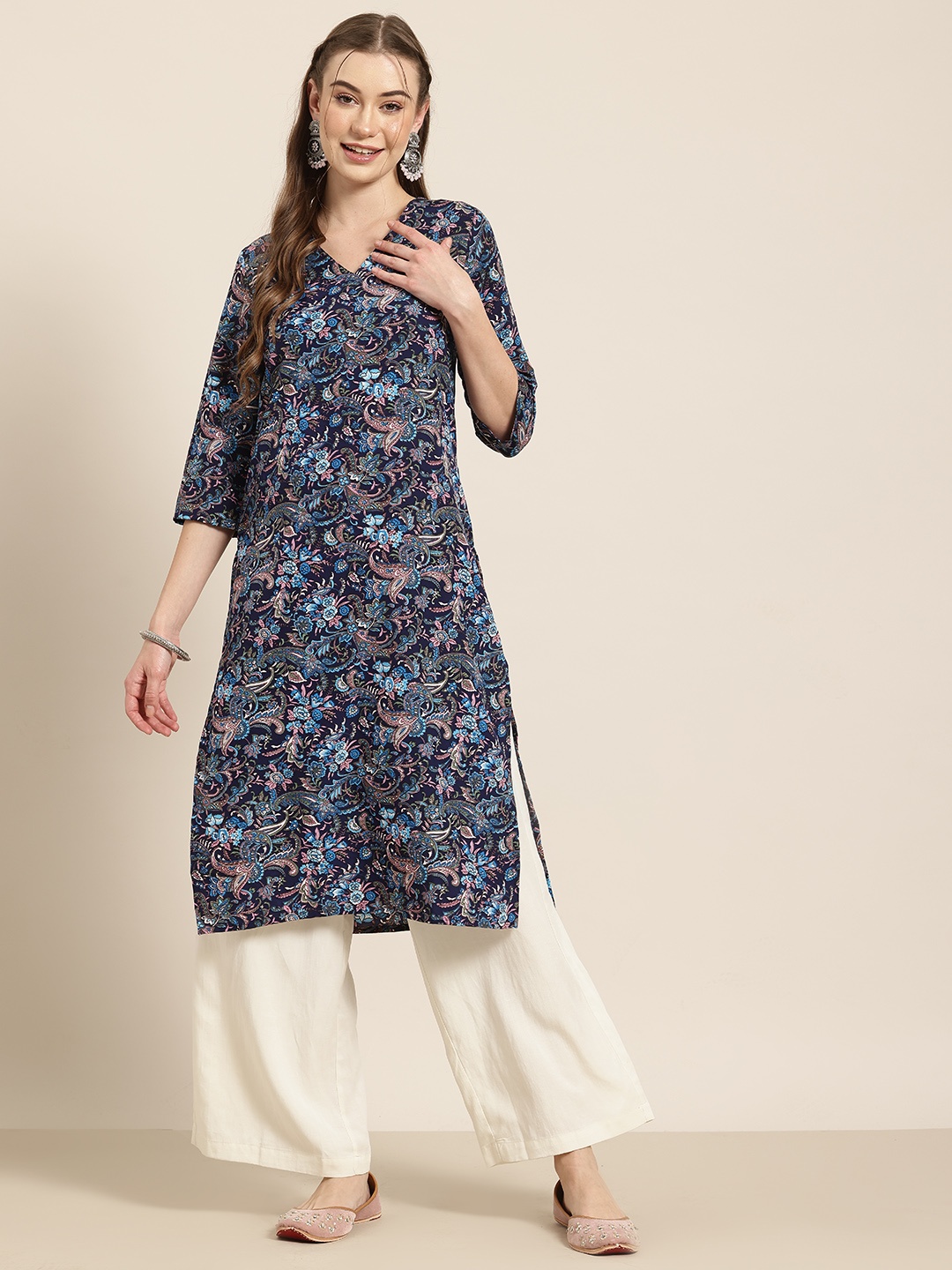 

HERE&NOW Paisley Printed Kurta, Navy blue