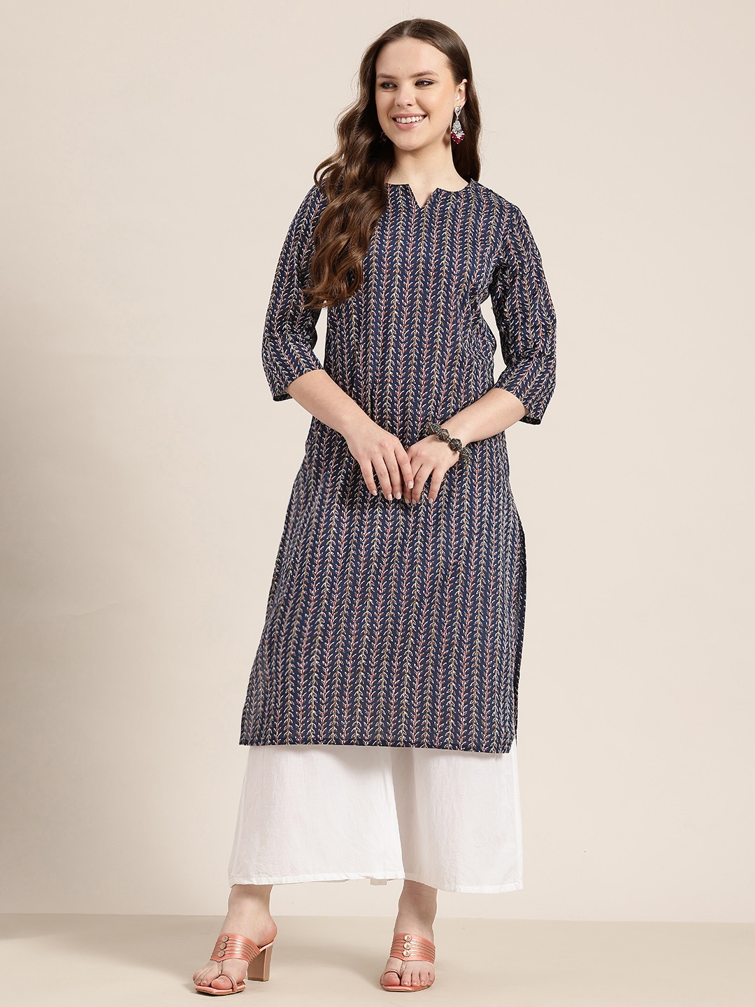 

HERE&NOW Cotton Printed Straight Kurta, Navy blue