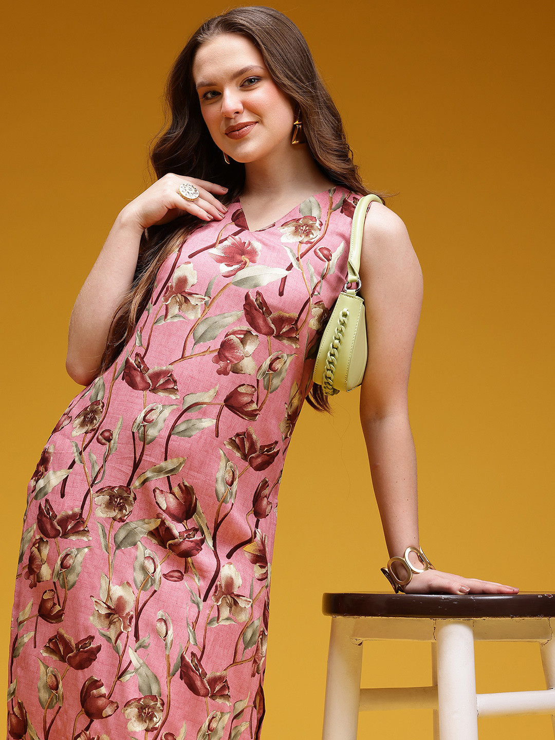

HERE&NOW Floral Print A-Line Kurta, Pink