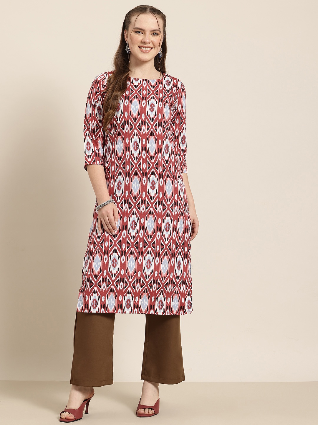 

HERE&NOW Geometric Printed Indie Prints Kurta, Rust