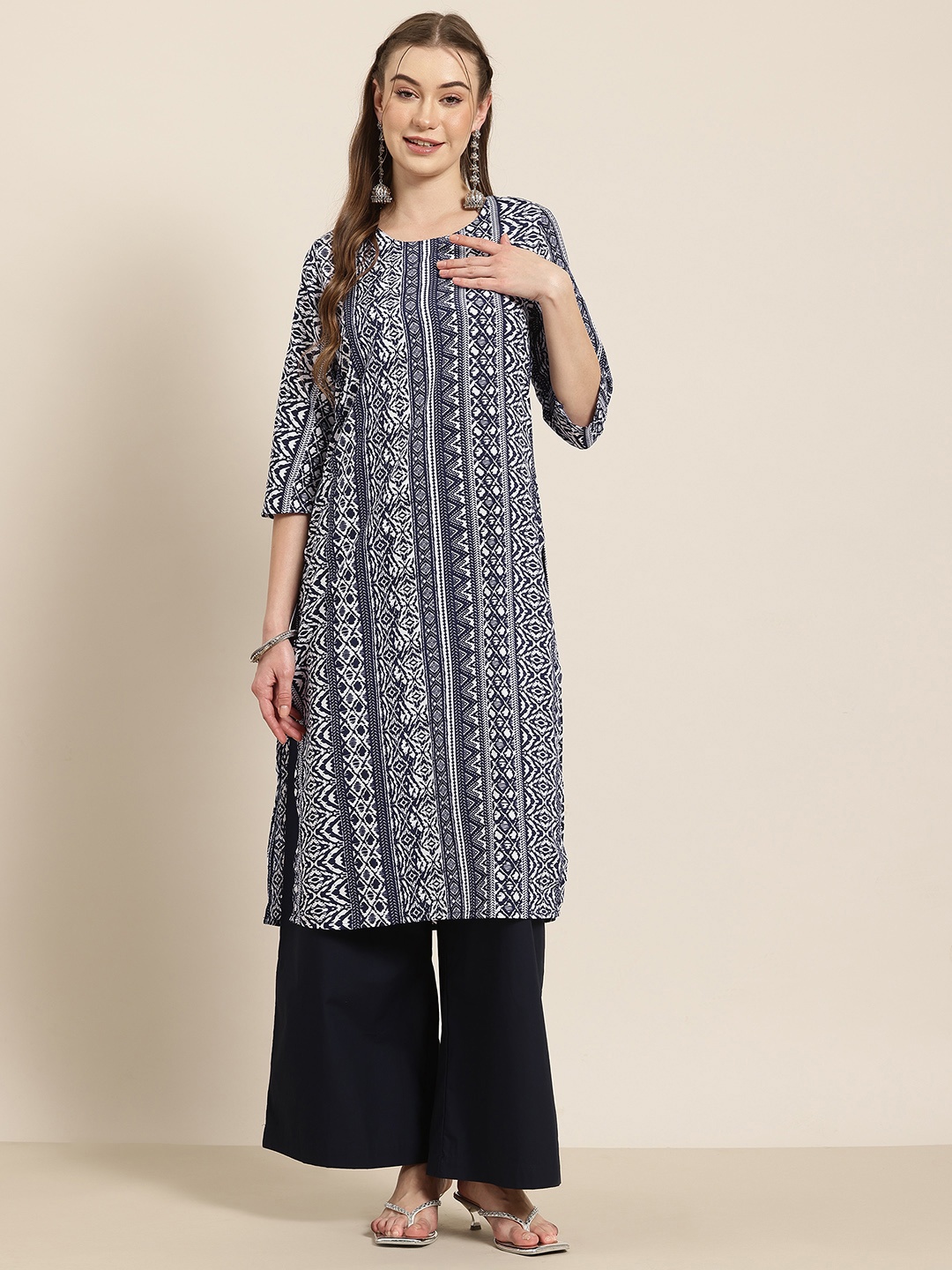 

HERE&NOW Geometric Printed Indie Prints Kurta, Navy blue