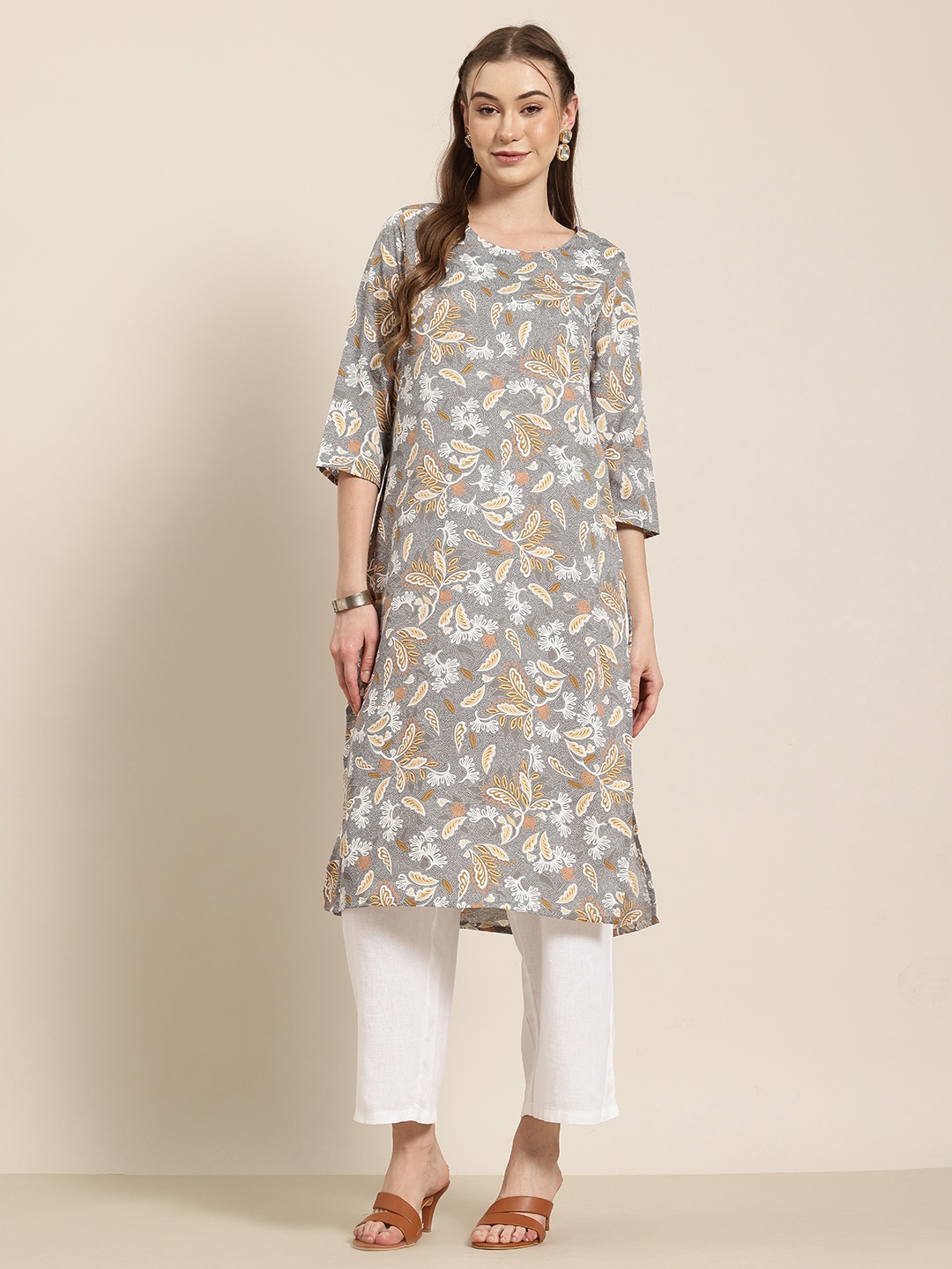 

HERE&NOW Indie Floral Printed Straight Kurta, Grey