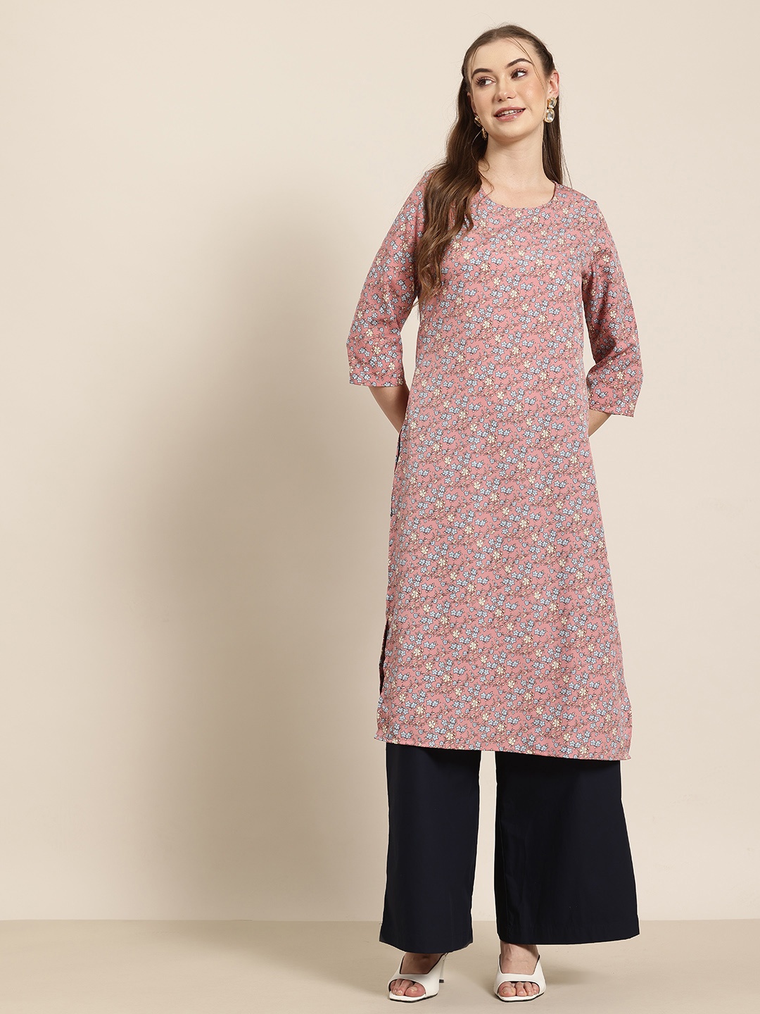 

HERE&NOW Printed Floral Straight Kurta, Peach