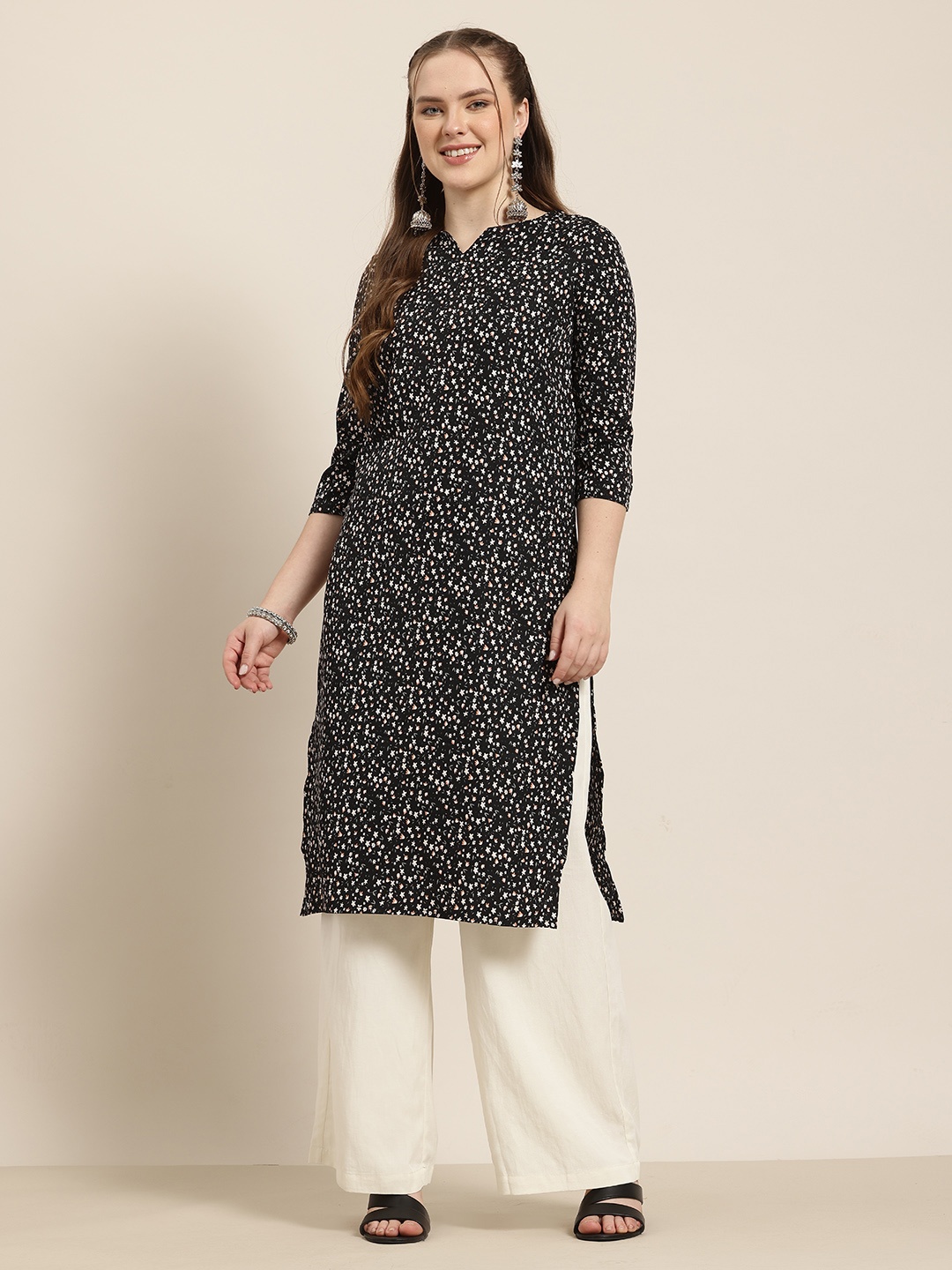 

HERE&NOW Floral Printed Straight Kurta, Black