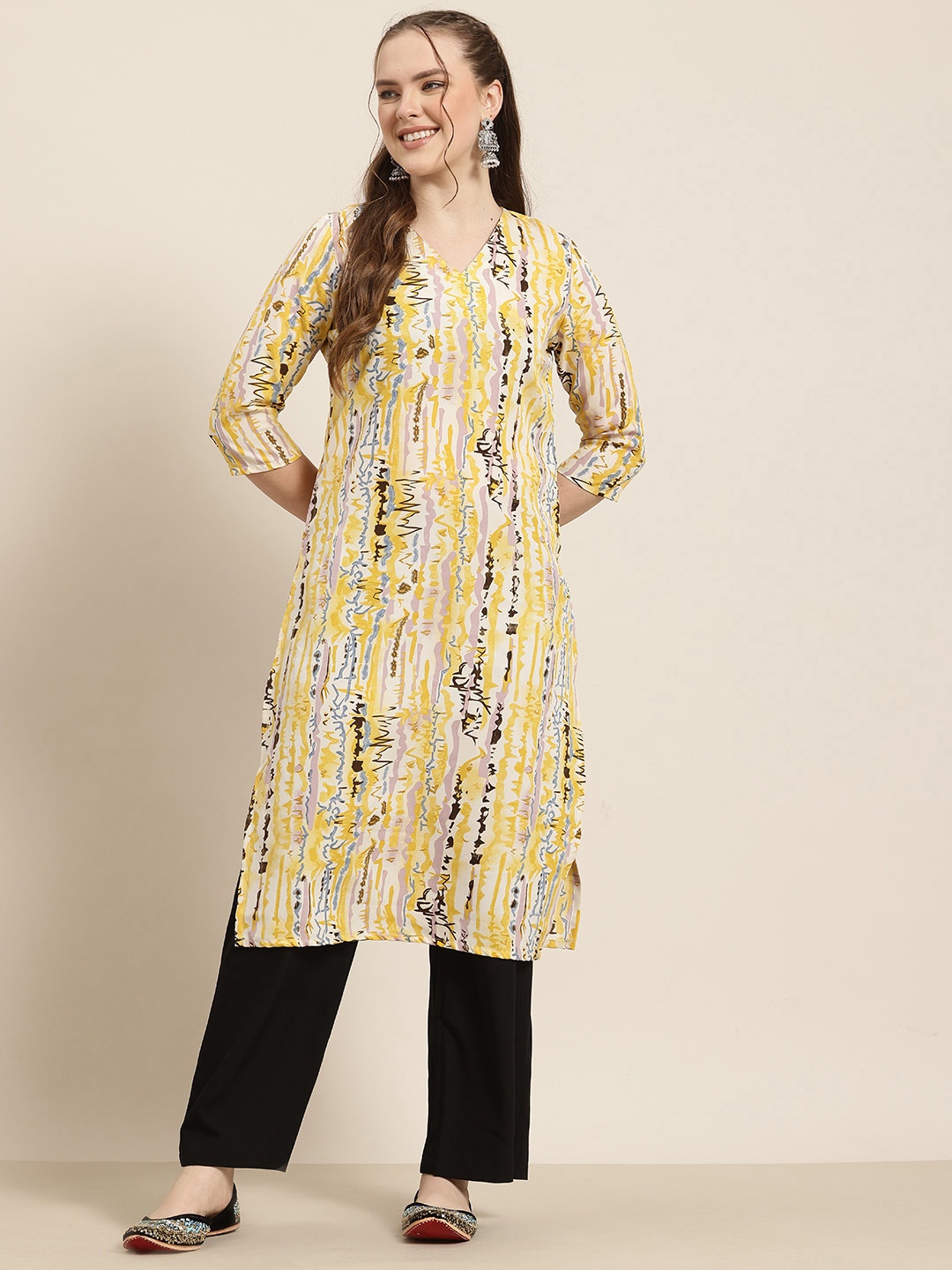 

HERE&NOW Abstract Printed V-Neck Straight Kurta, Yellow