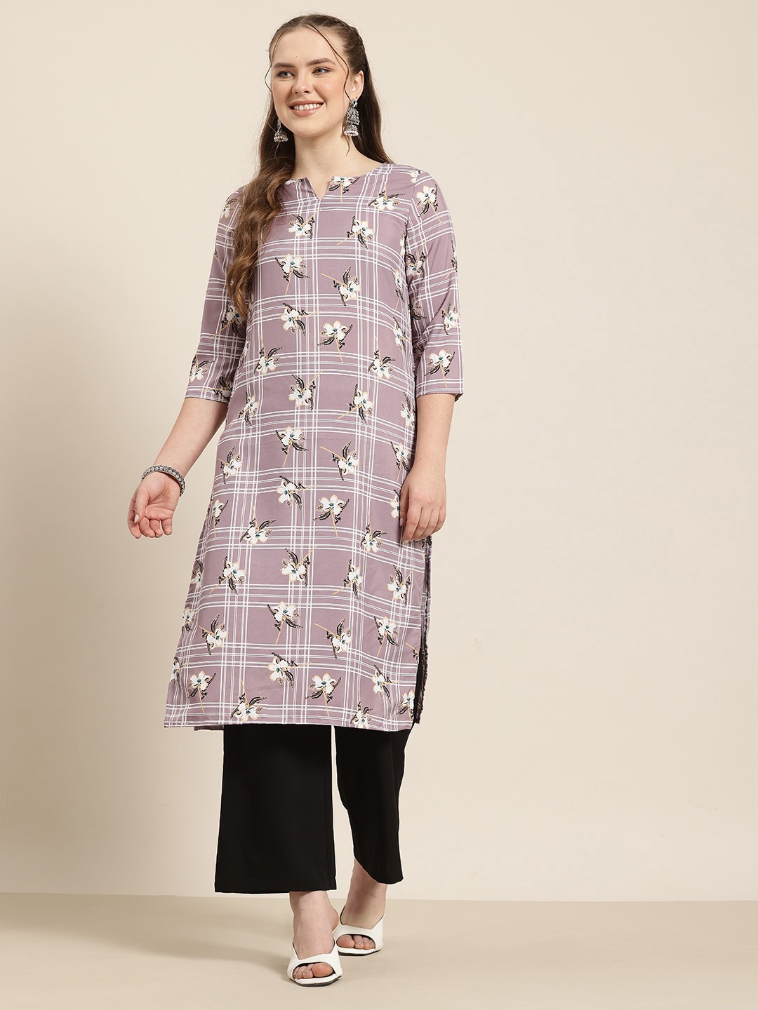 

HERE&NOW Checked Floral Printed Straight Kurta, Mauve