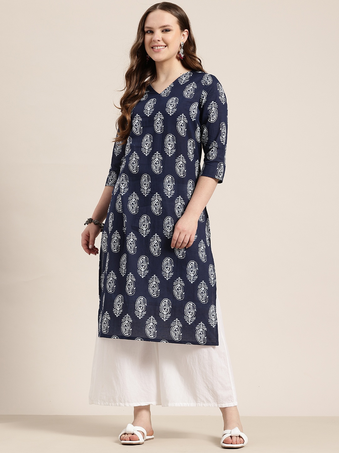 

HERE&NOW Cotton Printed Straight Kurta, Navy blue