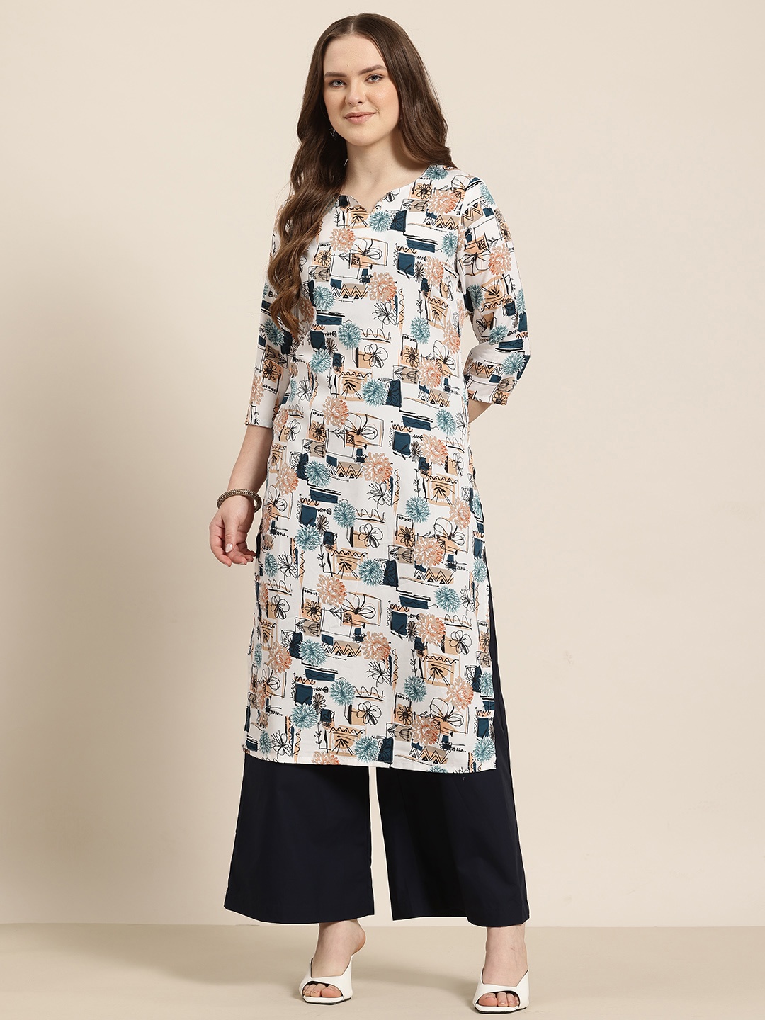 

HERE&NOW Floral Printed Straight Kurta, White