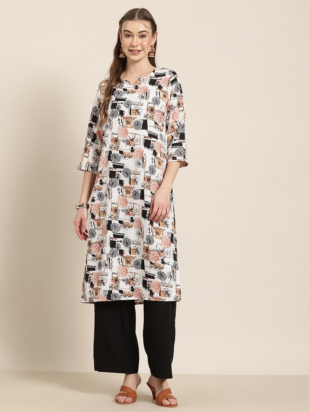 

HERE&NOW Floral Printed Straight Kurta, White
